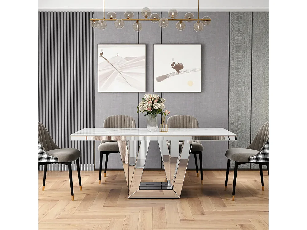 Table à manger ELEGANCE miroir plateau marbre blanc
