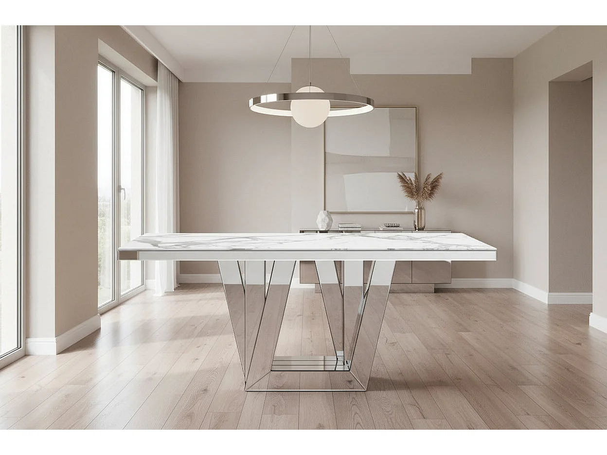 Table à manger ELEGANCE miroir plateau marbre blanc