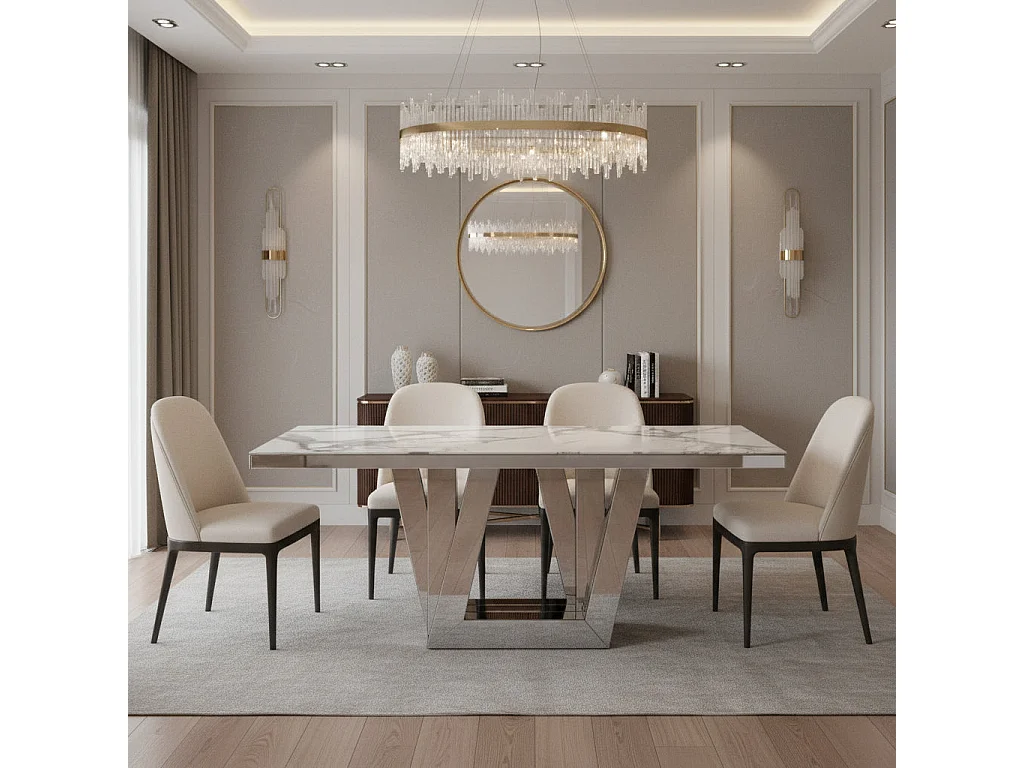 Table à manger ELEGANCE miroir plateau marbre blanc
