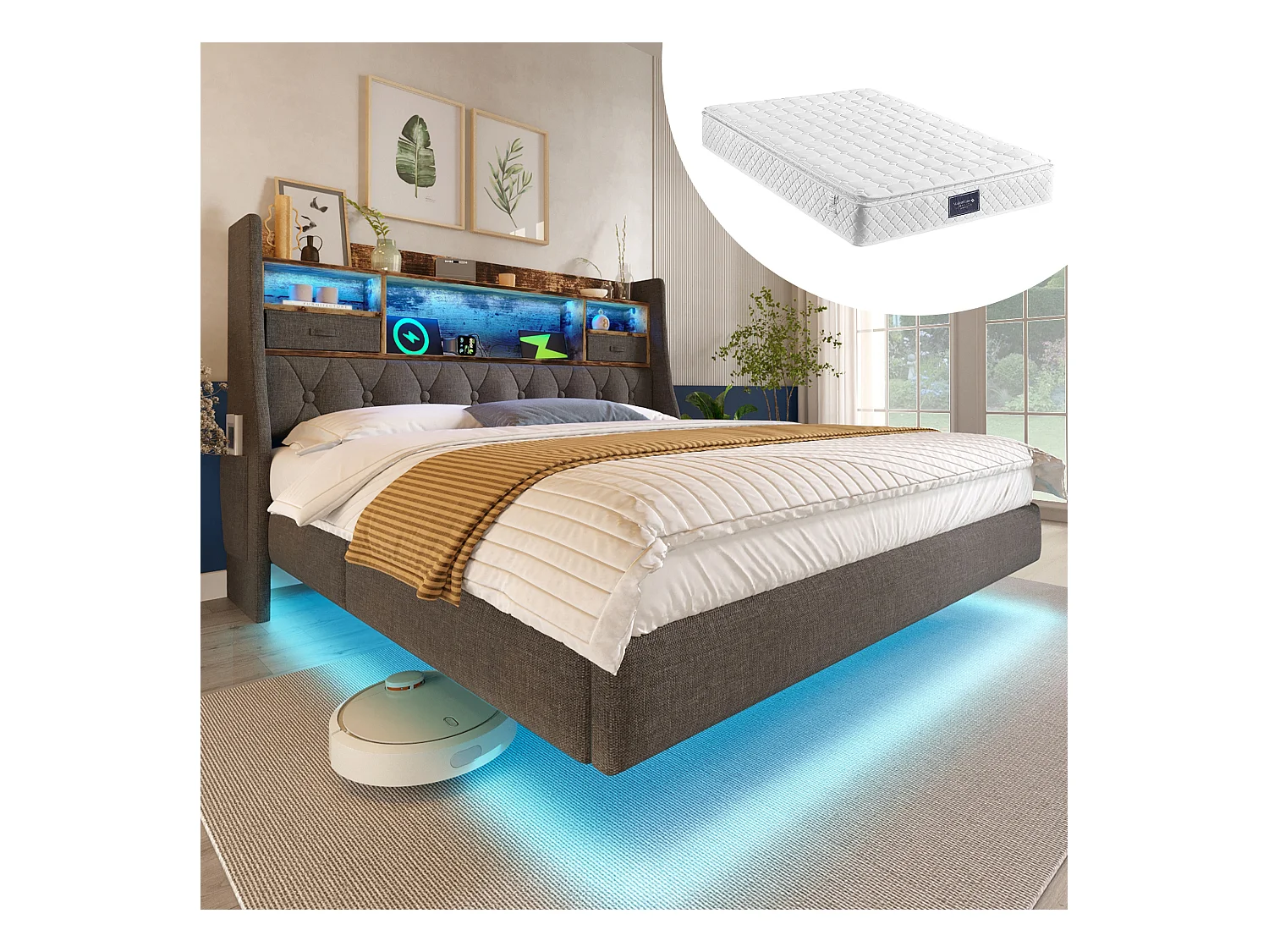 Lit rembourré moderne - 140 x 200 cm - avec Leds + station de charge + tête de lit de rangement - lin - gris(avec matelas)