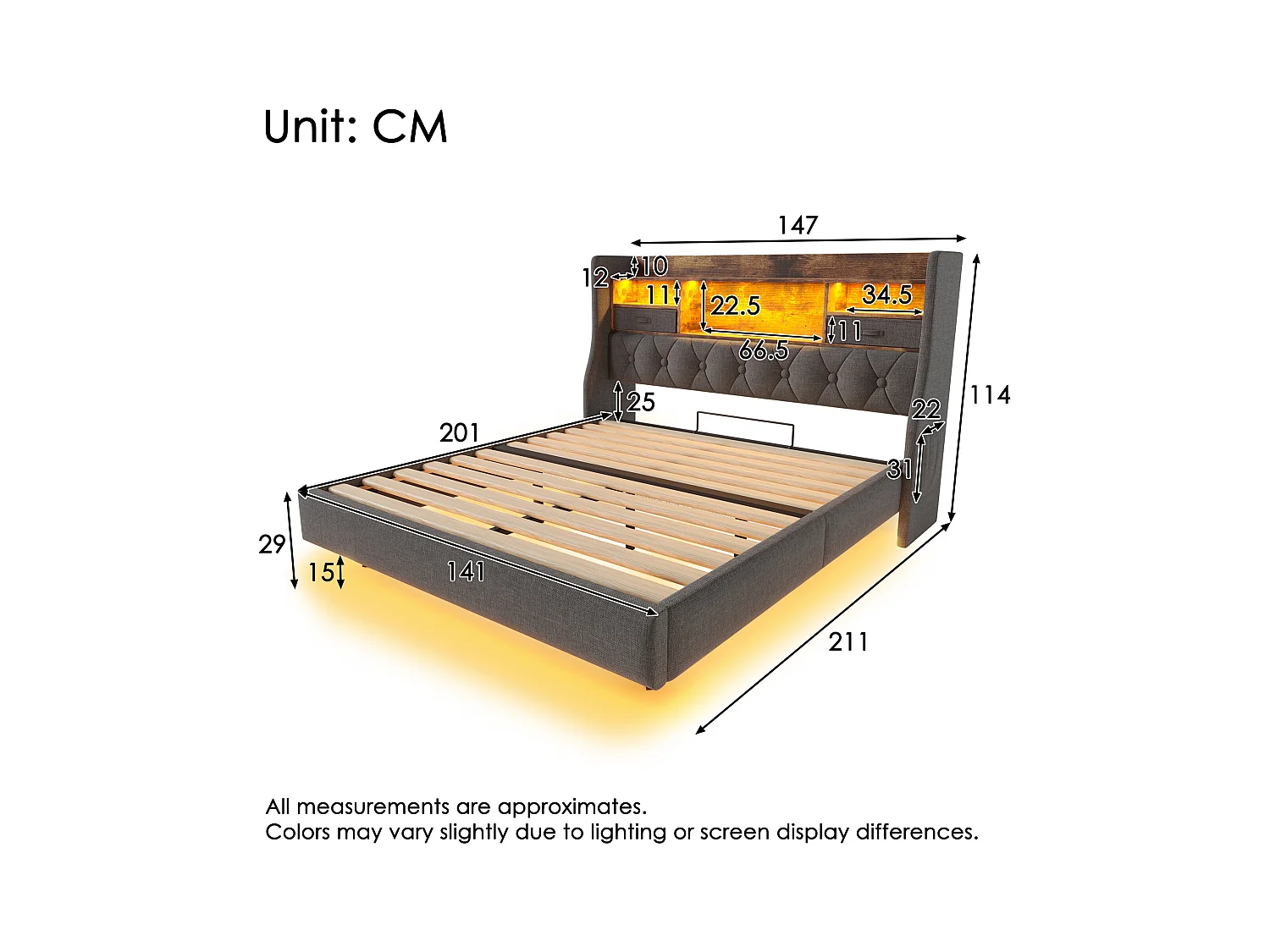 Lit rembourré moderne - 140 x 200 cm - avec Leds + station de charge + tête de lit de rangement - lin - gris(avec matelas)
