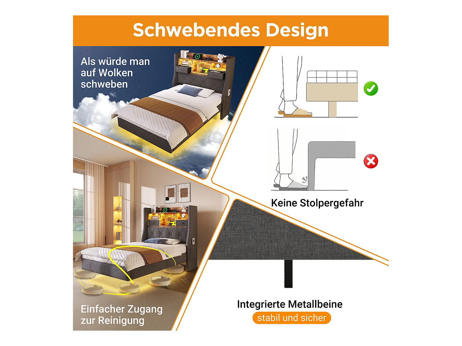 Lit rembourré moderne - 140 x 200 cm - avec Leds + station de charge + tête de lit de rangement - lin - gris(avec matelas)