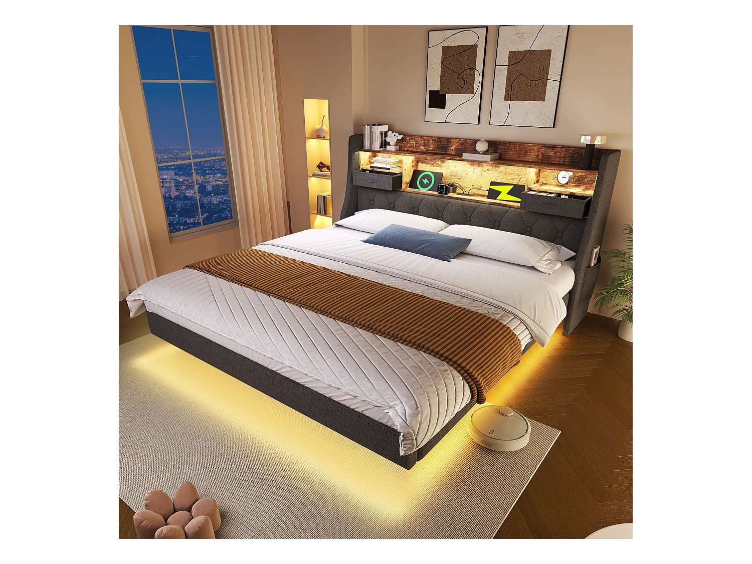 Lit rembourré moderne - 140 x 200 cm - avec Leds + station de charge + tête de lit de rangement - lin - gris(avec matelas)