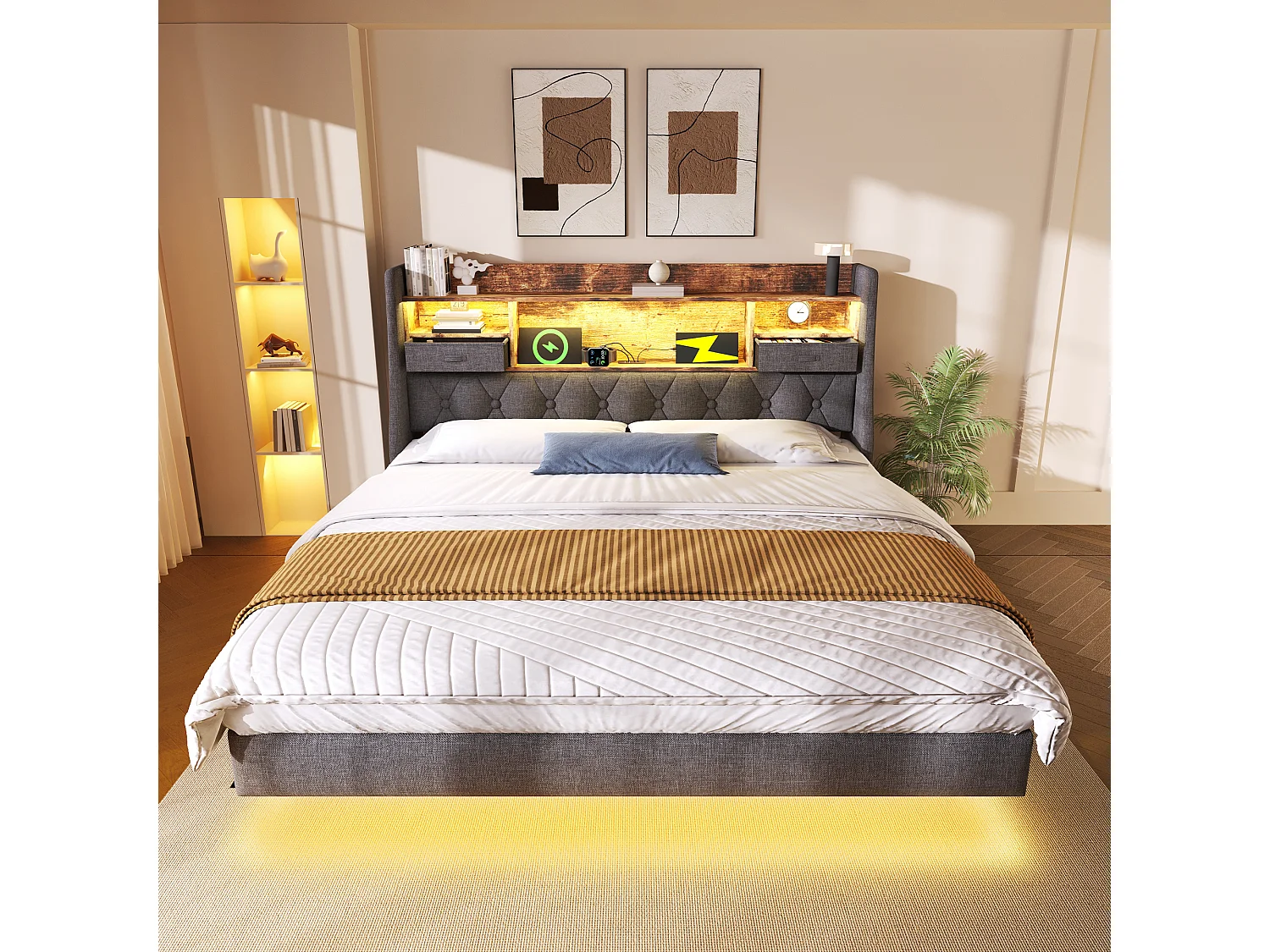 Modernes Polsterbett - 140 x 200 cm - mit LEDs + Ladestation + Stauraumkopfteil - Leinen - Grau (mit Matratze)