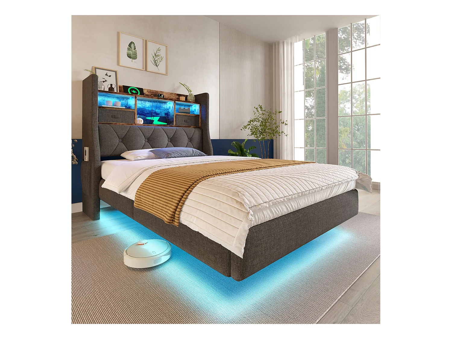 Lit rembourré moderne - 90 x 200 cm - avec Leds + station de charge + tête de lit de rangement - lin - gris