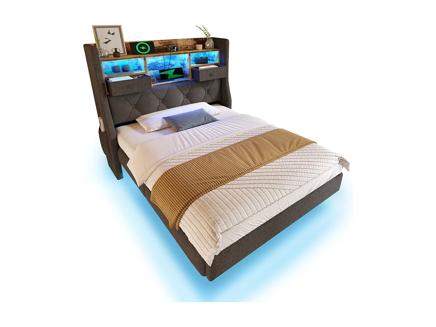 Cama moderna tapizada - 90 x 200 cm - con LED + estación de carga + cabecero con almacenaje - lino - gris