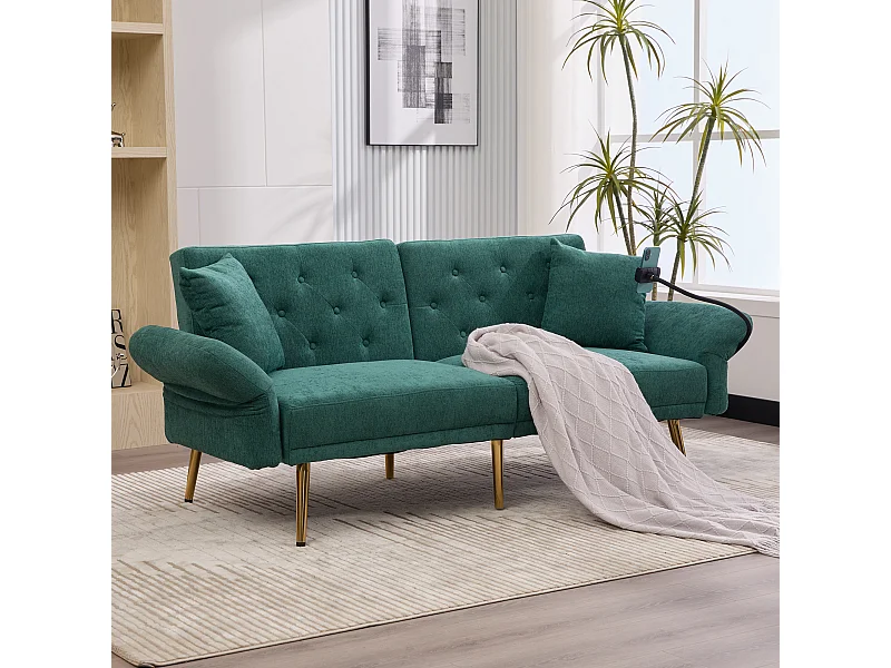 Canapé 2 places convertible avec dossier réglable + 2 USB + poche latérale - 173 x 78 x 78 - velours - vert