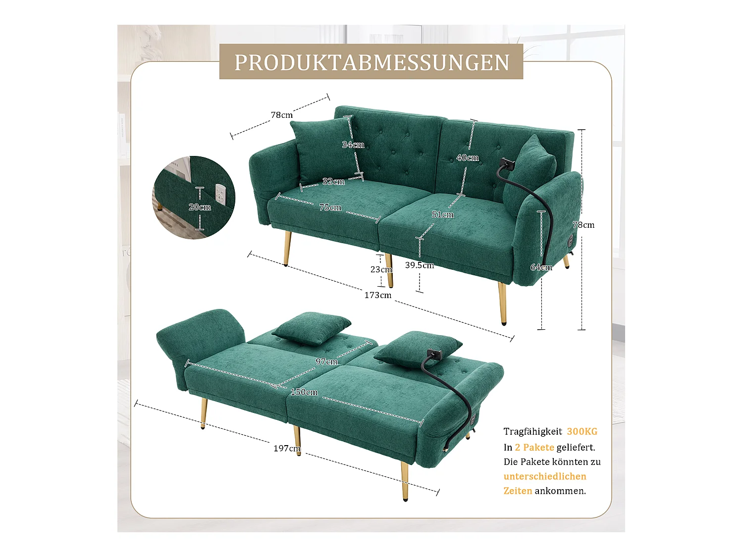 Canapé 2 places convertible avec dossier réglable + 2 USB + poche latérale - 173 x 78 x 78 - velours - vert