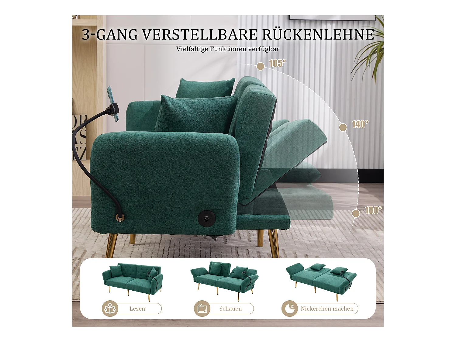 Canapé 2 places convertible avec dossier réglable + 2 USB + poche latérale - 173 x 78 x 78 - velours - vert