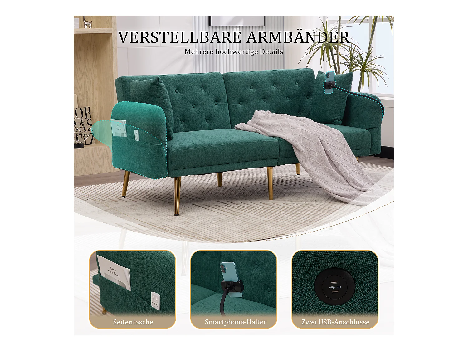 Canapé 2 places convertible avec dossier réglable + 2 USB + poche latérale - 173 x 78 x 78 - velours - vert