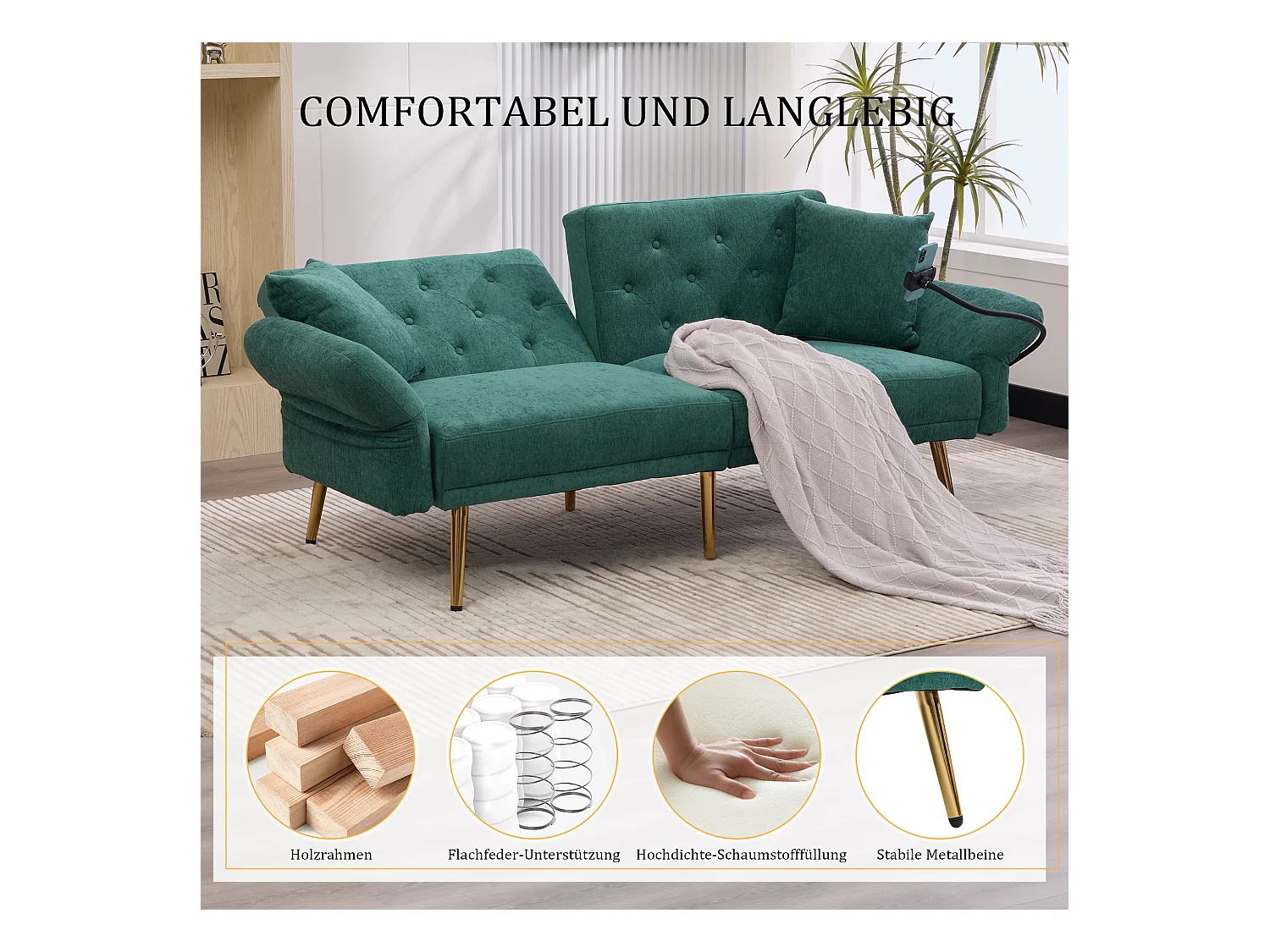 Canapé 2 places convertible avec dossier réglable + 2 USB + poche latérale - 173 x 78 x 78 - velours - vert