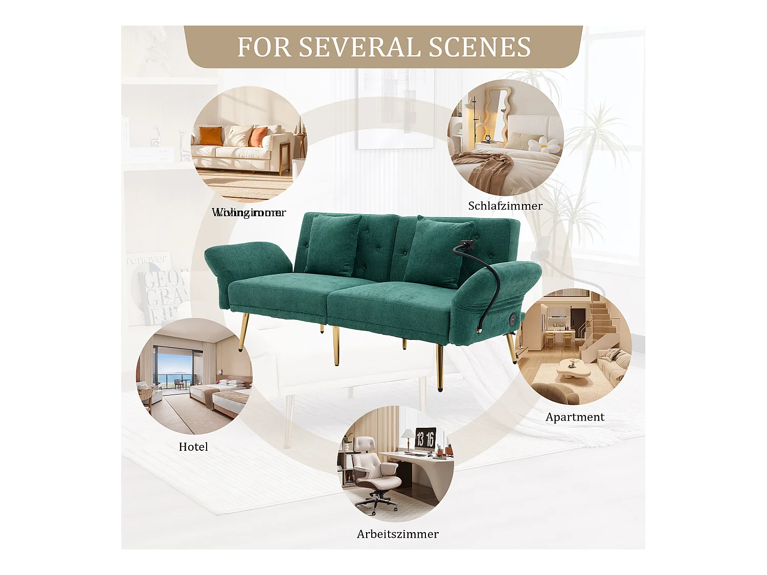 Canapé 2 places convertible avec dossier réglable + 2 USB + poche latérale - 173 x 78 x 78 - velours - vert