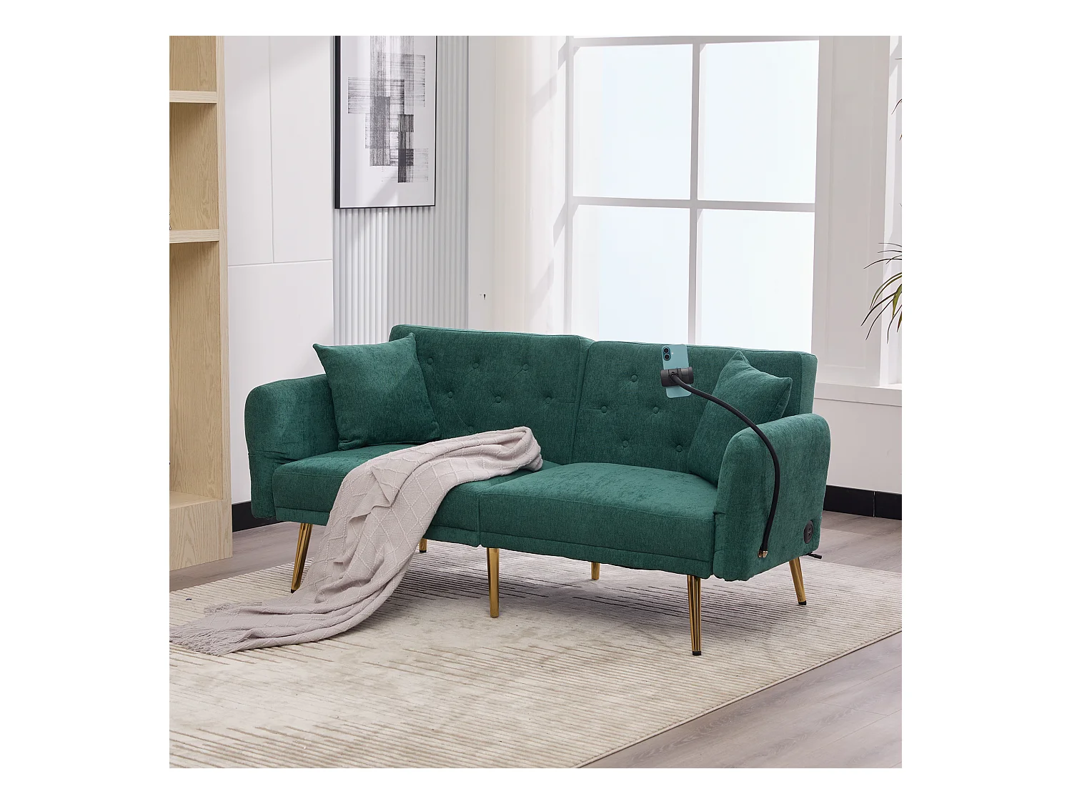 Canapé 2 places convertible avec dossier réglable + 2 USB + poche latérale - 173 x 78 x 78 - velours - vert