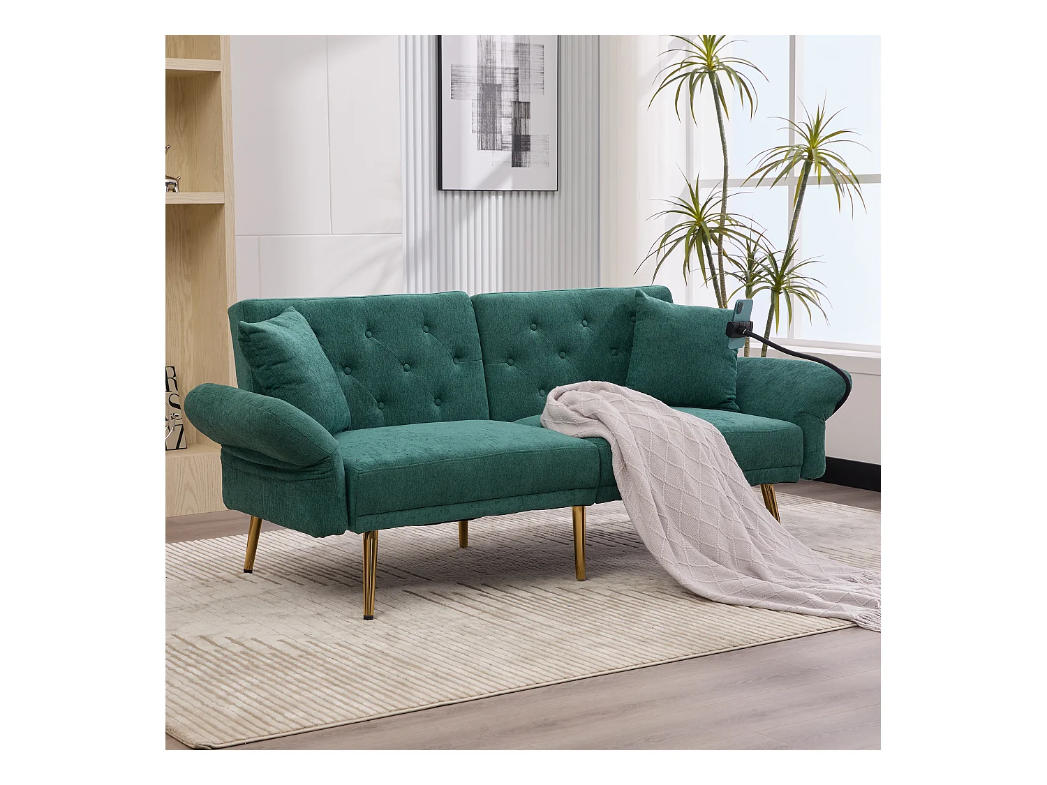 Canapé 2 places convertible avec dossier réglable + 2 USB + poche latérale - 173 x 78 x 78 - velours - vert