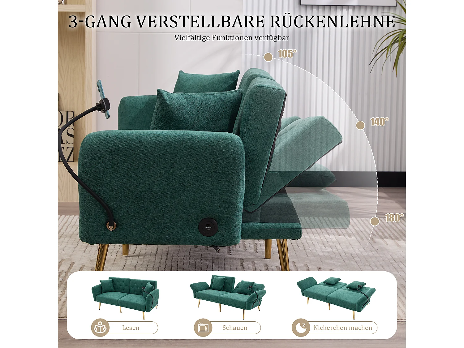 Canapé 2 places convertible avec dossier réglable + 2 USB + poche latérale - 173 x 78 x 78 - velours - vert