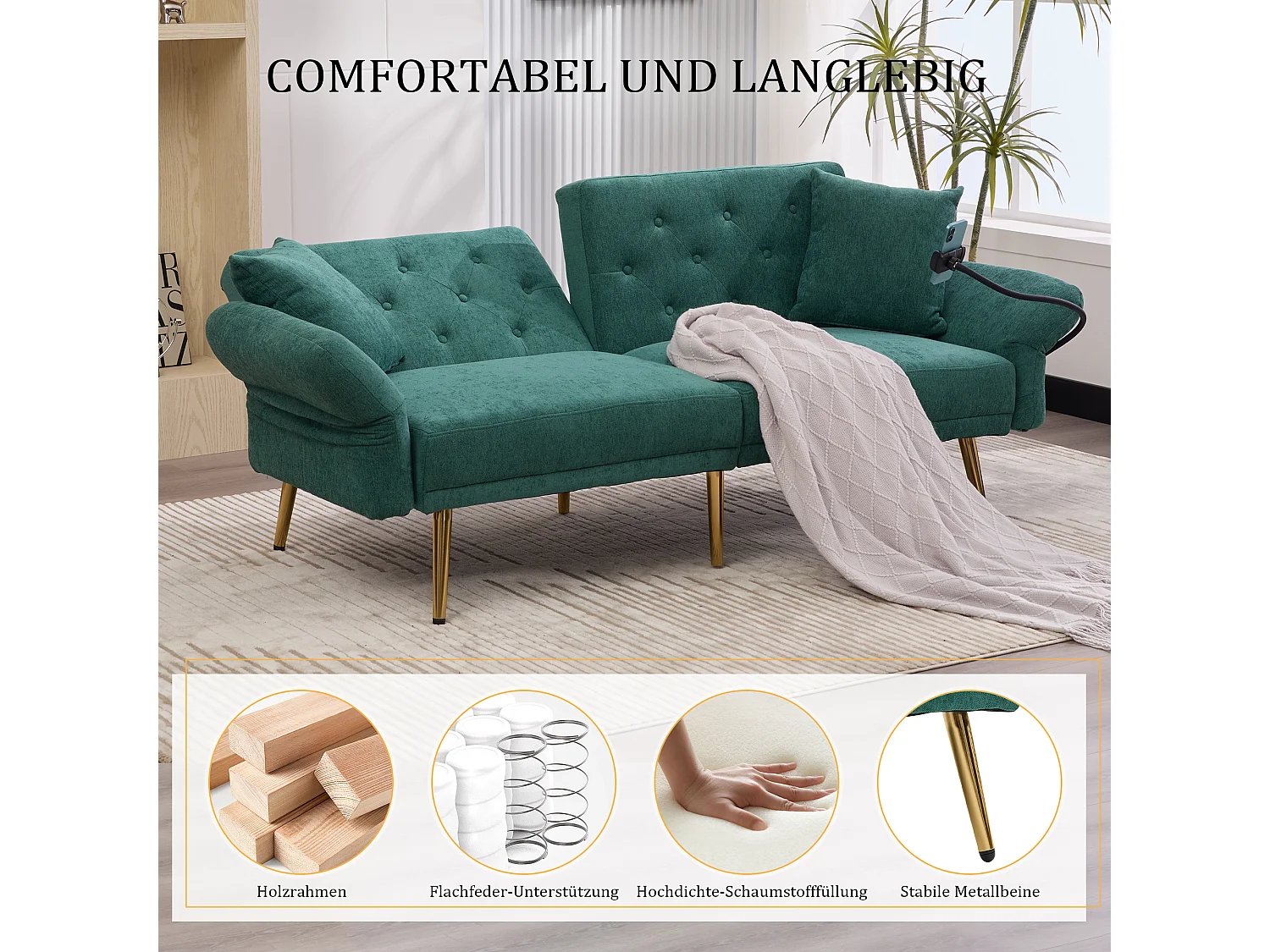 Canapé 2 places convertible avec dossier réglable + 2 USB + poche latérale - 173 x 78 x 78 - velours - vert