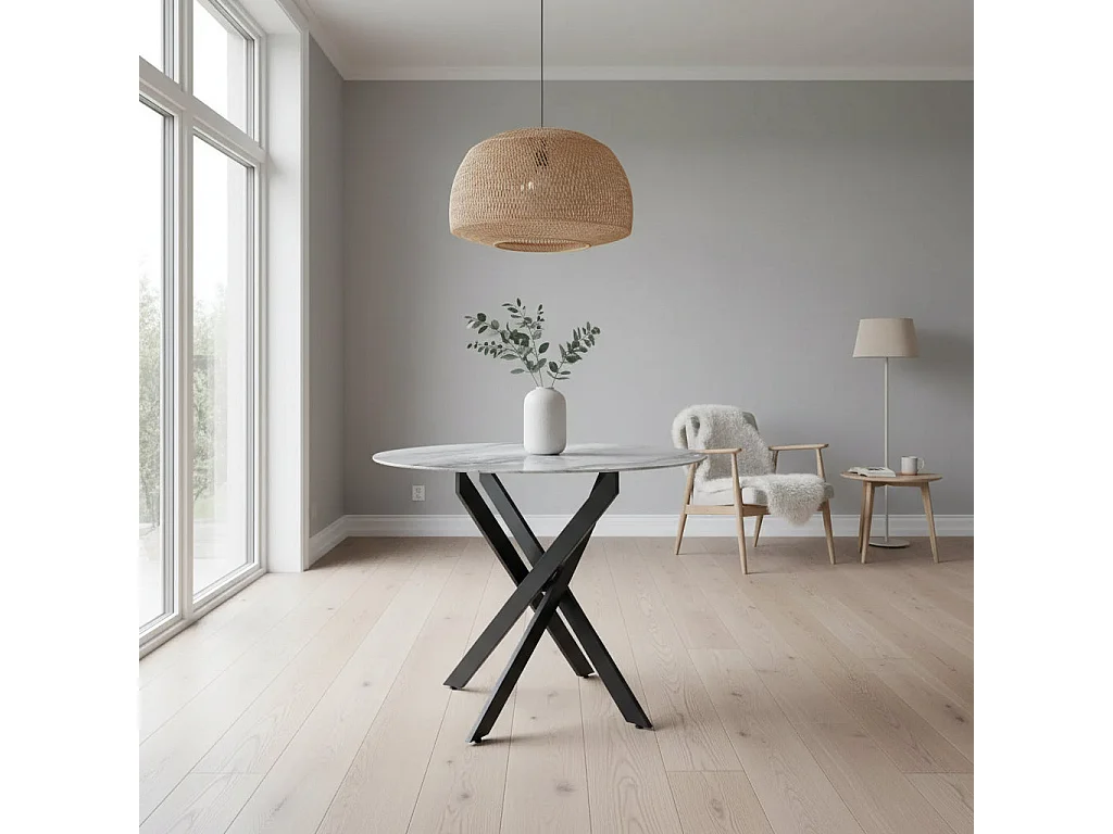 Table à manger ronde MARBRE GRIS JESSICA Métal noir XXL 120 cm 4 couverts