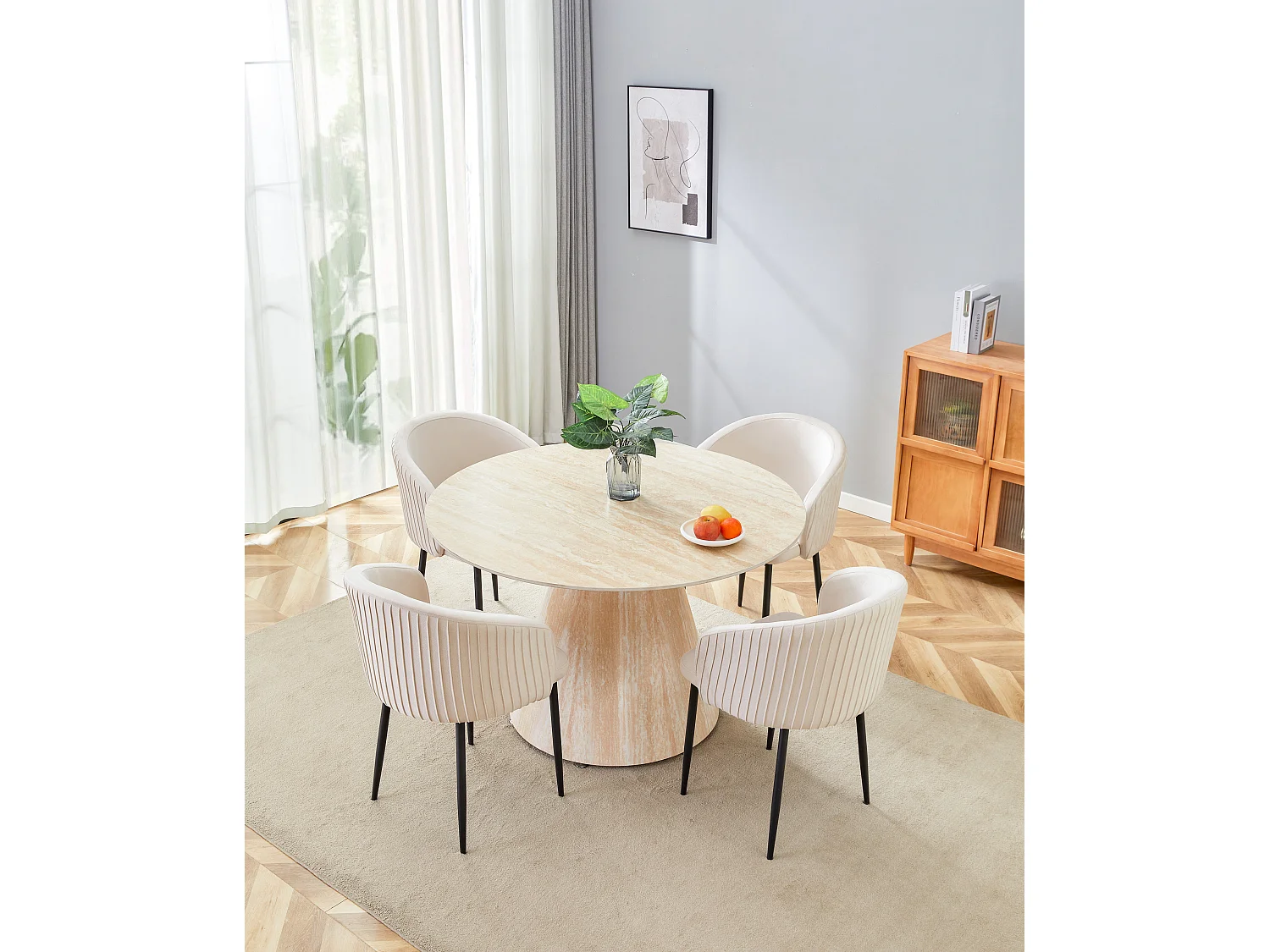 Table à Manger ROSALIA – Ronde 120 cm – Céramique & Pied Effet Travertin
