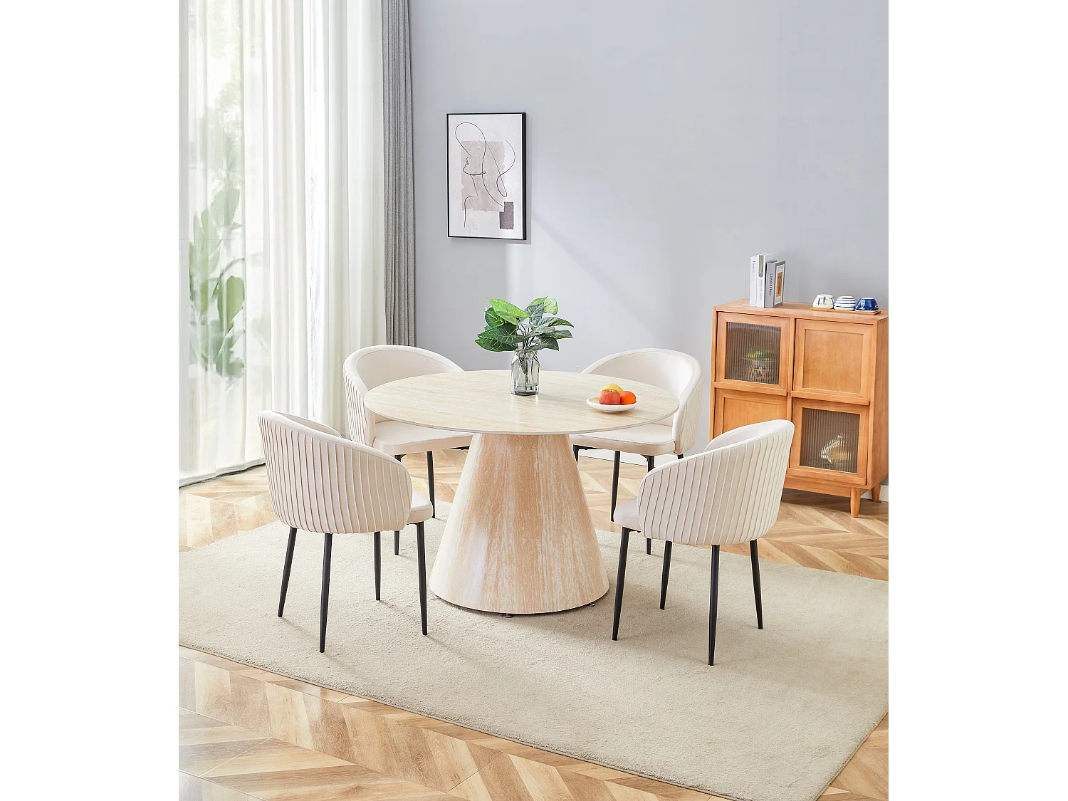 Table à Manger ROSALIA – Ronde 120 cm – Céramique & Pied Effet Travertin