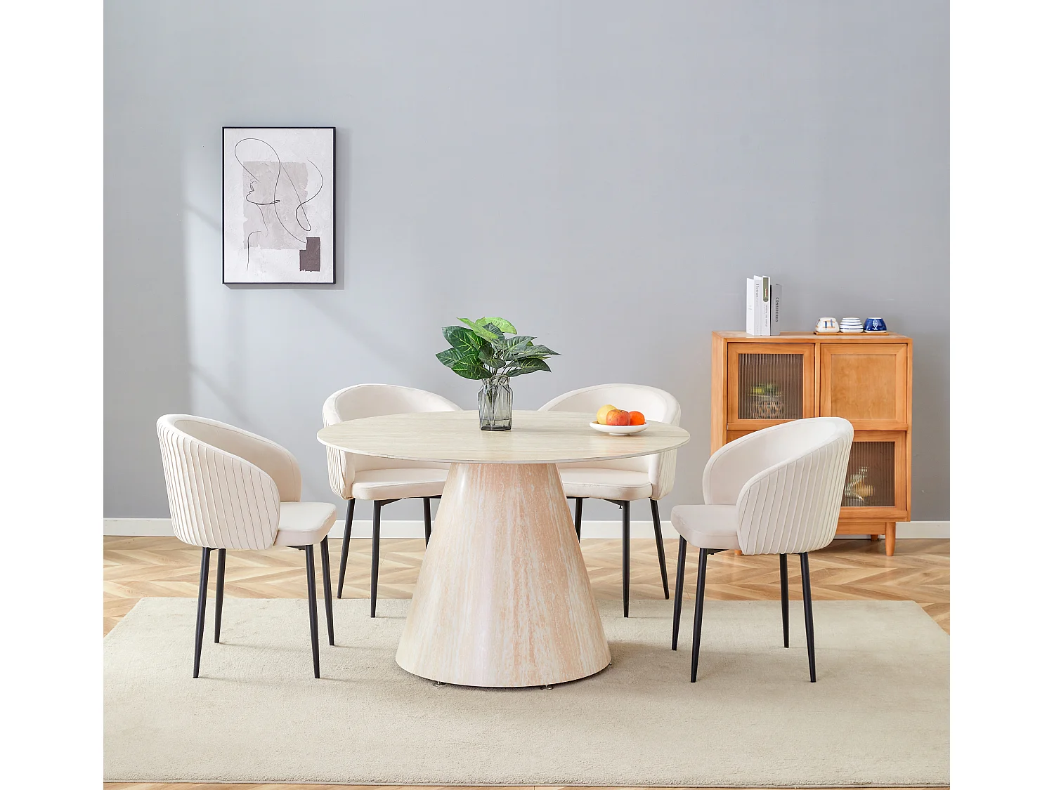 Table à Manger ROSALIA – Ronde 120 cm – Céramique & Pied Effet Travertin