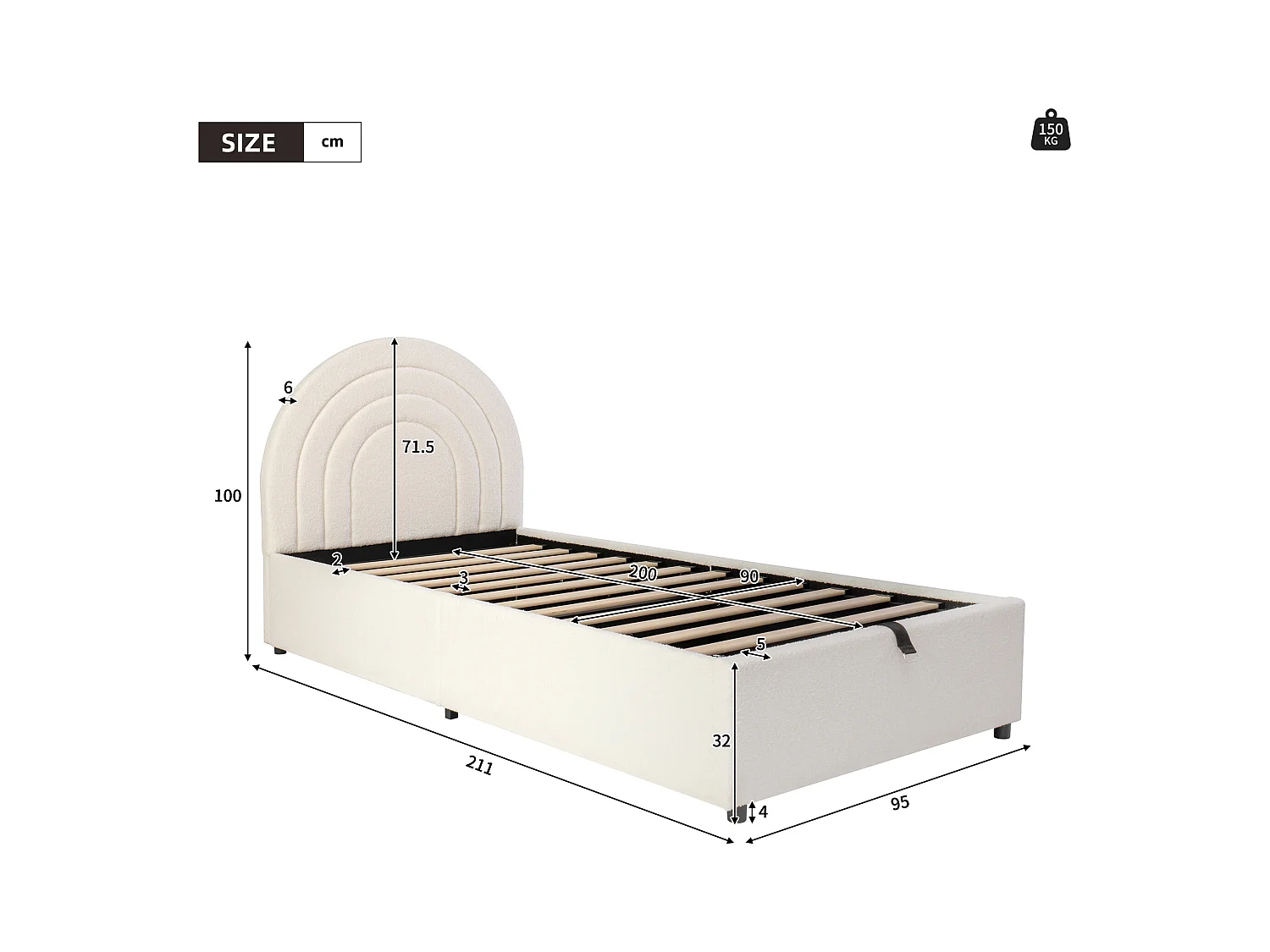 Lit rembourré pour enfant - 90 x 200 cm - avec rangement hydraulique + tête de lit - velours - blanc