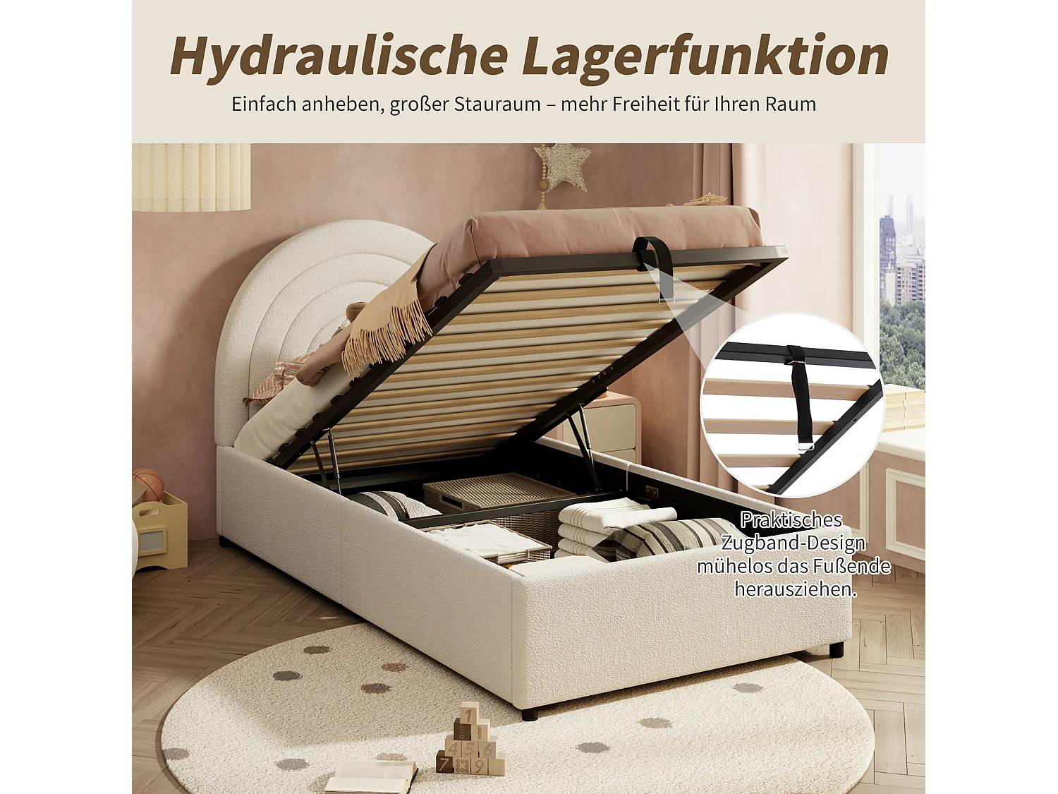 Lit rembourré pour enfant - 90 x 200 cm - avec rangement hydraulique + tête de lit - velours - blanc