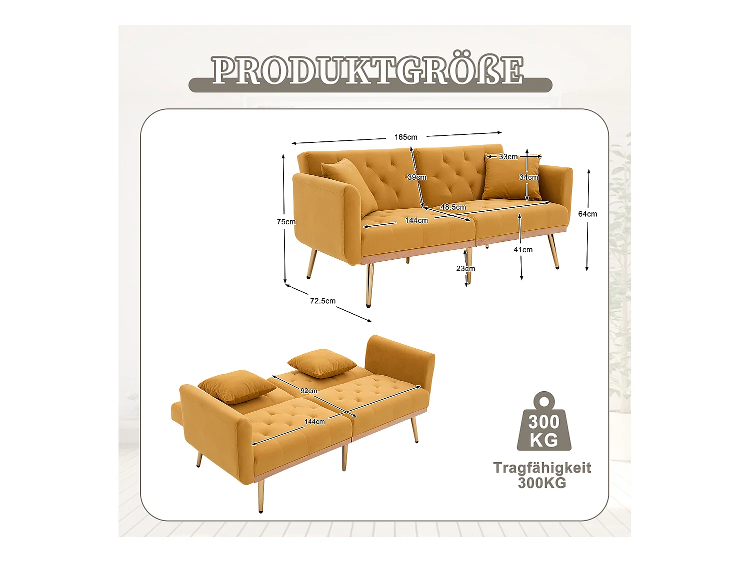 Canapé 2 places convertible avec coussins + dossier réglable - 165 x 72.5 x 75 cm - velours - Jaune