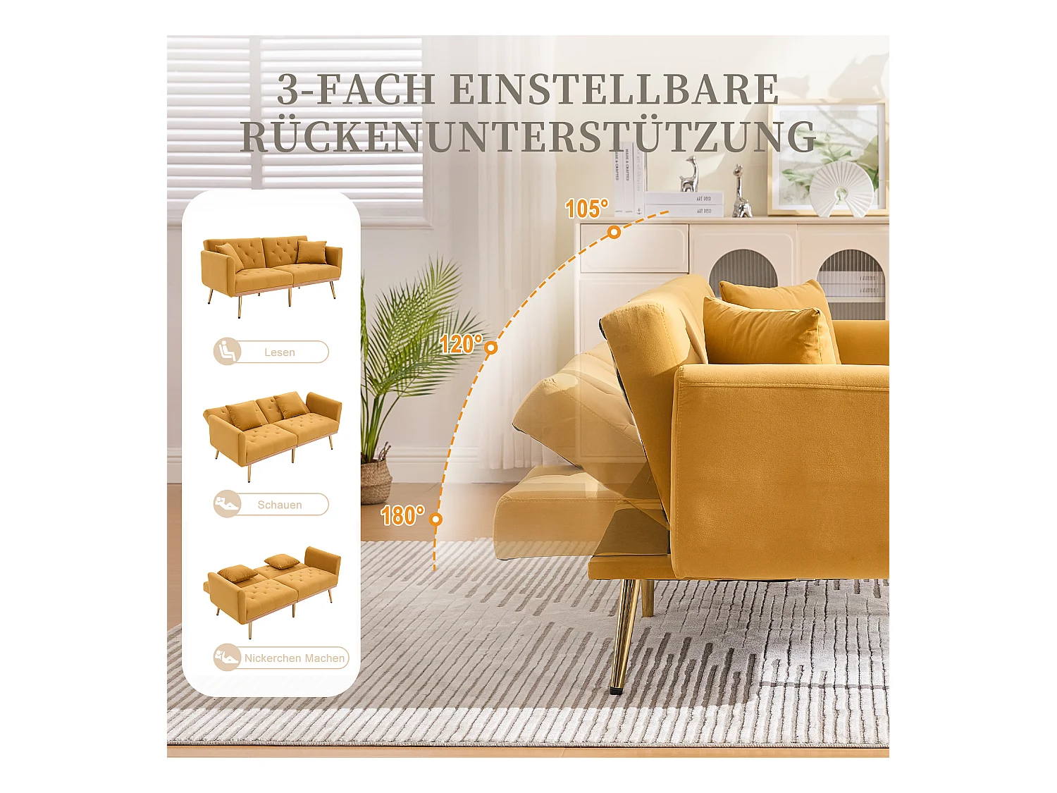 Canapé 2 places convertible avec coussins + dossier réglable - 165 x 72.5 x 75 cm - velours - Jaune