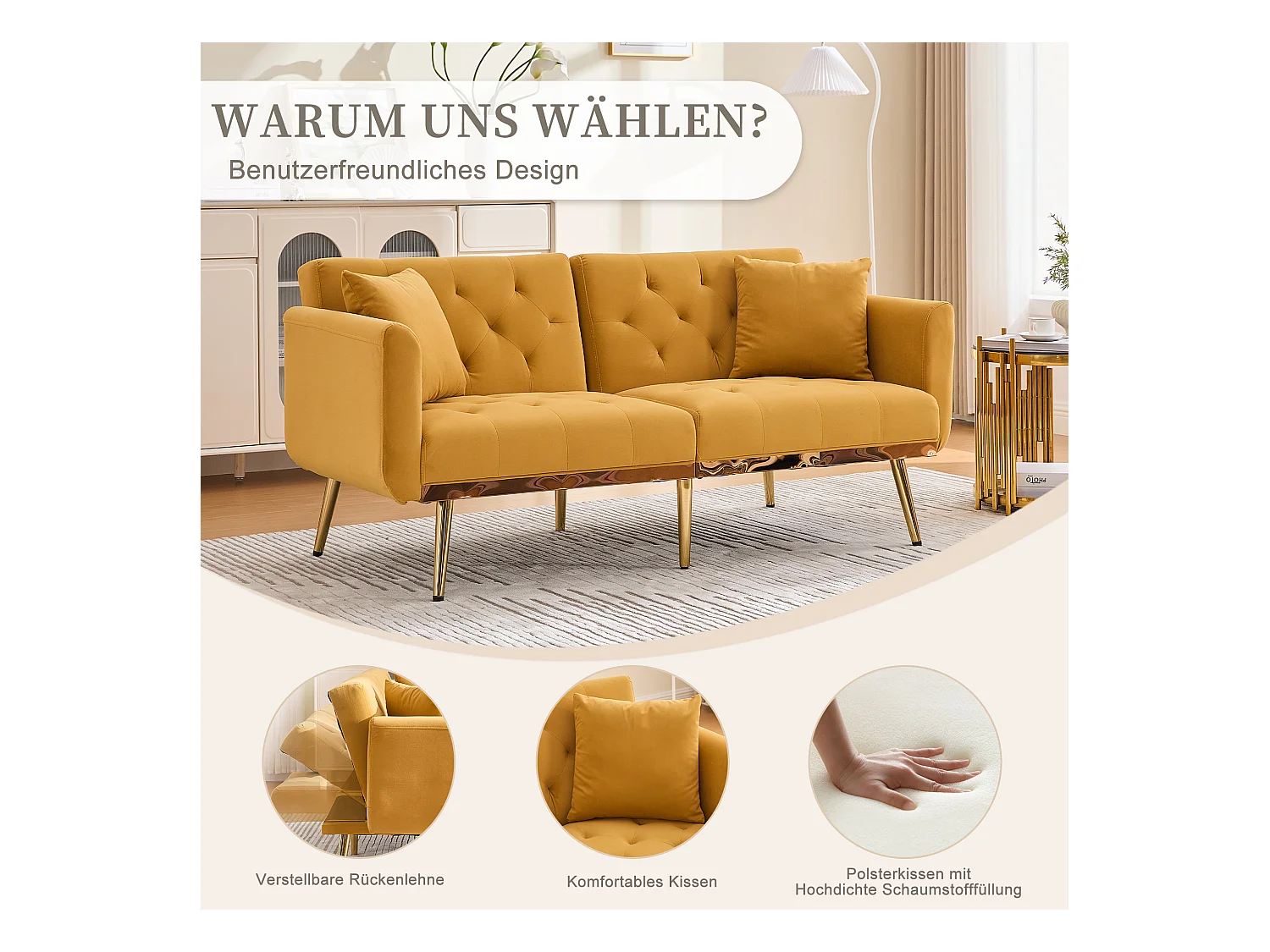 Canapé 2 places convertible avec coussins + dossier réglable - 165 x 72.5 x 75 cm - velours - Jaune