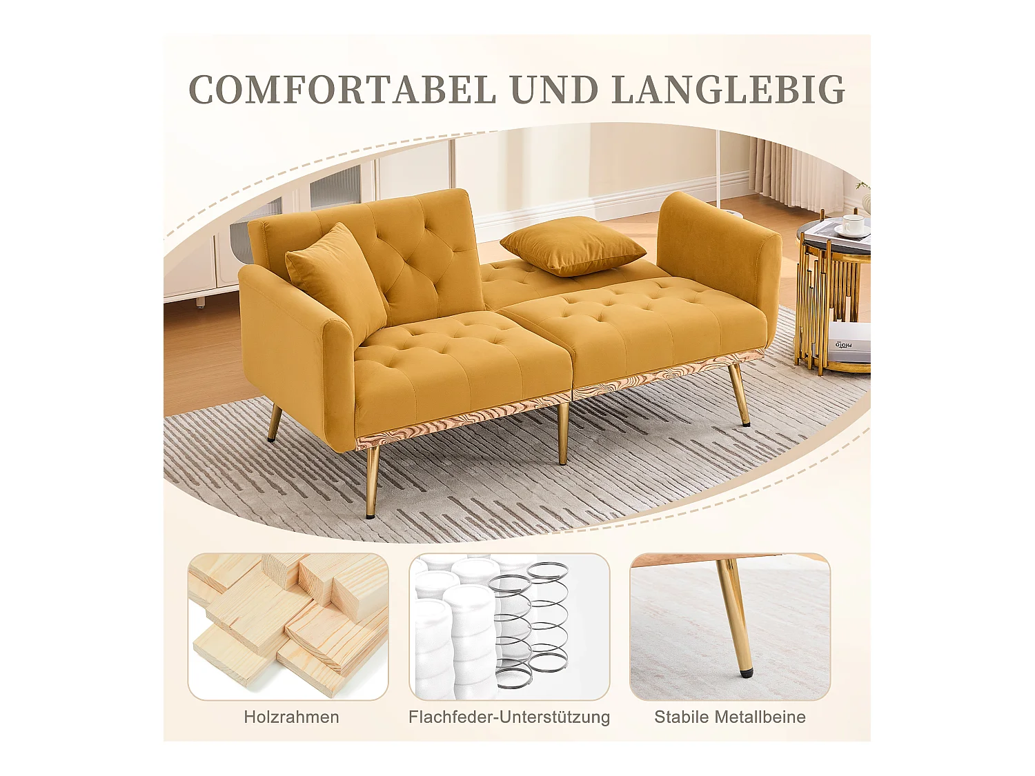 Canapé 2 places convertible avec coussins + dossier réglable - 165 x 72.5 x 75 cm - velours - Jaune