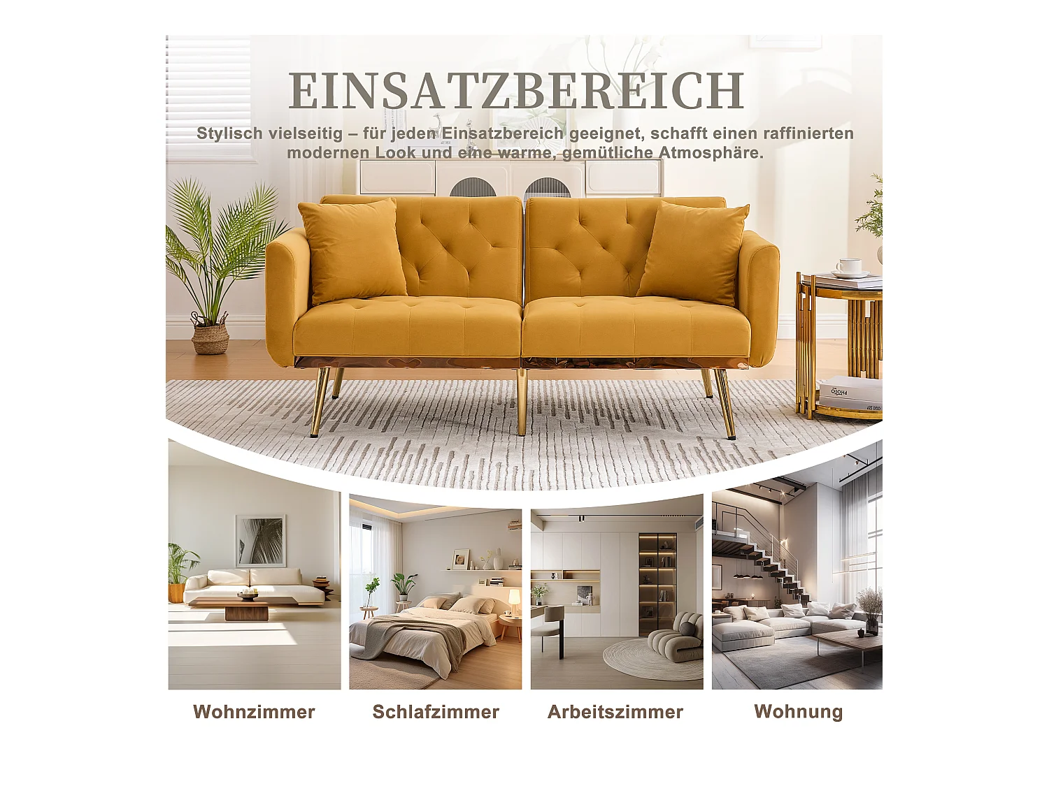 Canapé 2 places convertible avec coussins + dossier réglable - 165 x 72.5 x 75 cm - velours - Jaune