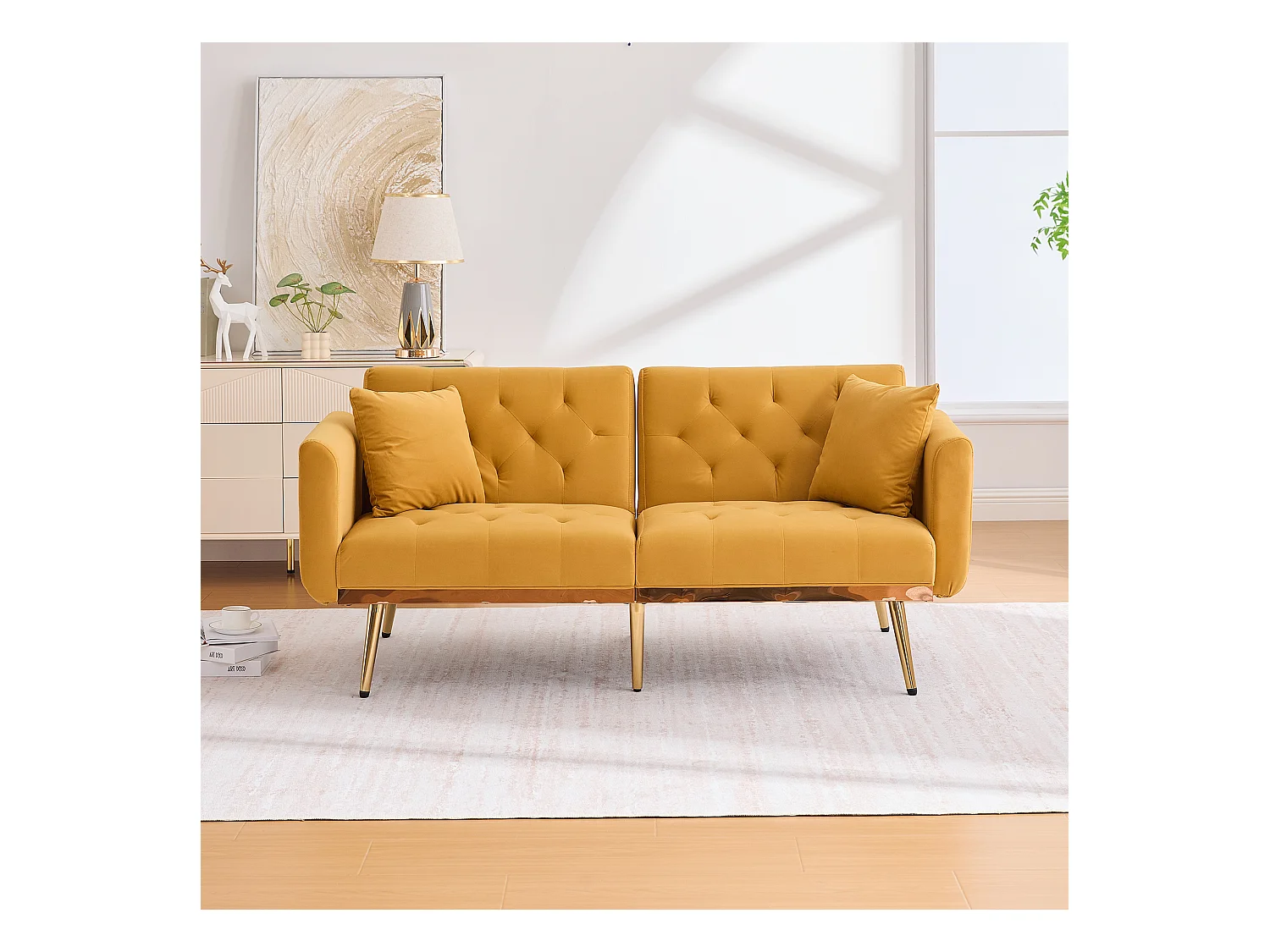 Canapé 2 places convertible avec coussins + dossier réglable - 165 x 72.5 x 75 cm - velours - Jaune