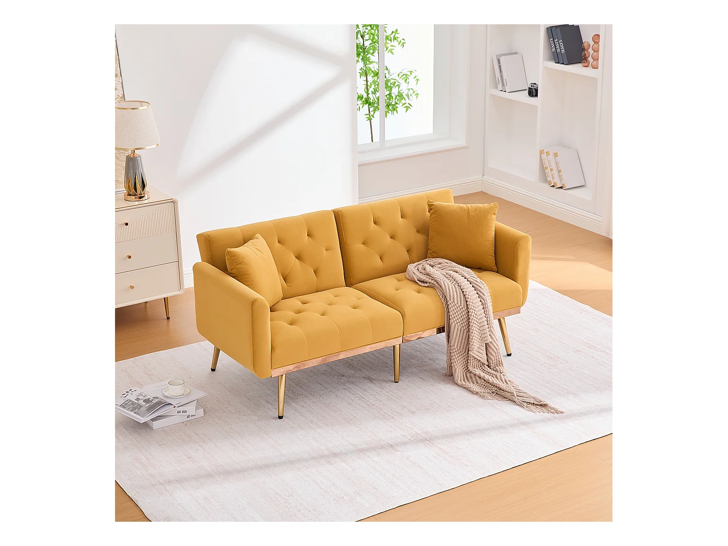 Canapé 2 places convertible avec coussins + dossier réglable - 165 x 72.5 x 75 cm - velours - Jaune