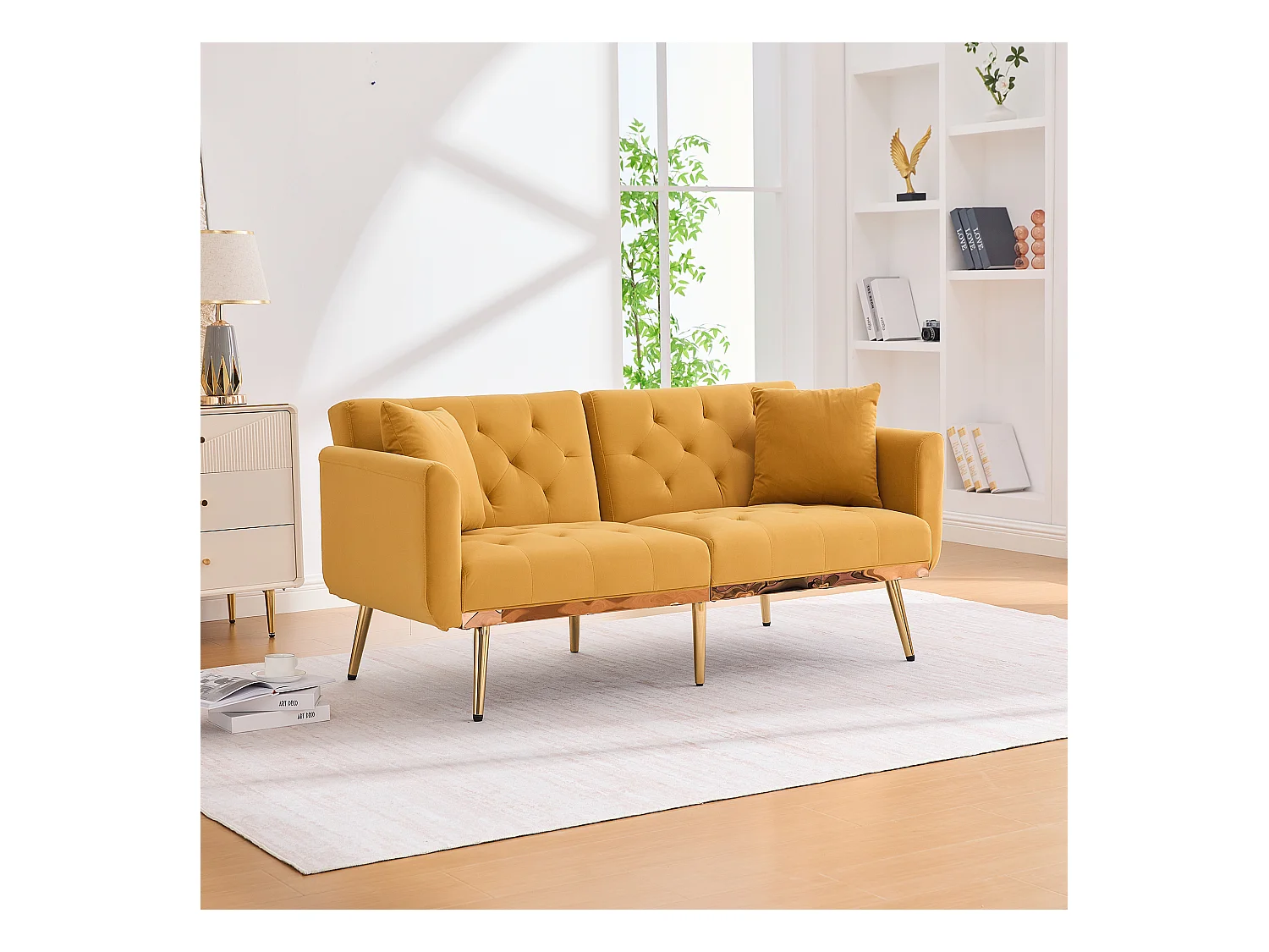 Canapé 2 places convertible avec coussins + dossier réglable - 165 x 72.5 x 75 cm - velours - Jaune