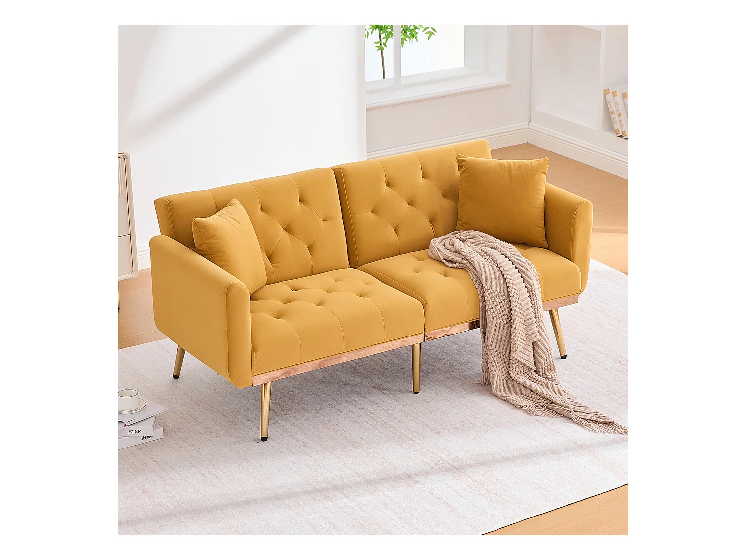 Canapé 2 places convertible avec coussins + dossier réglable - 165 x 72.5 x 75 cm - velours - Jaune