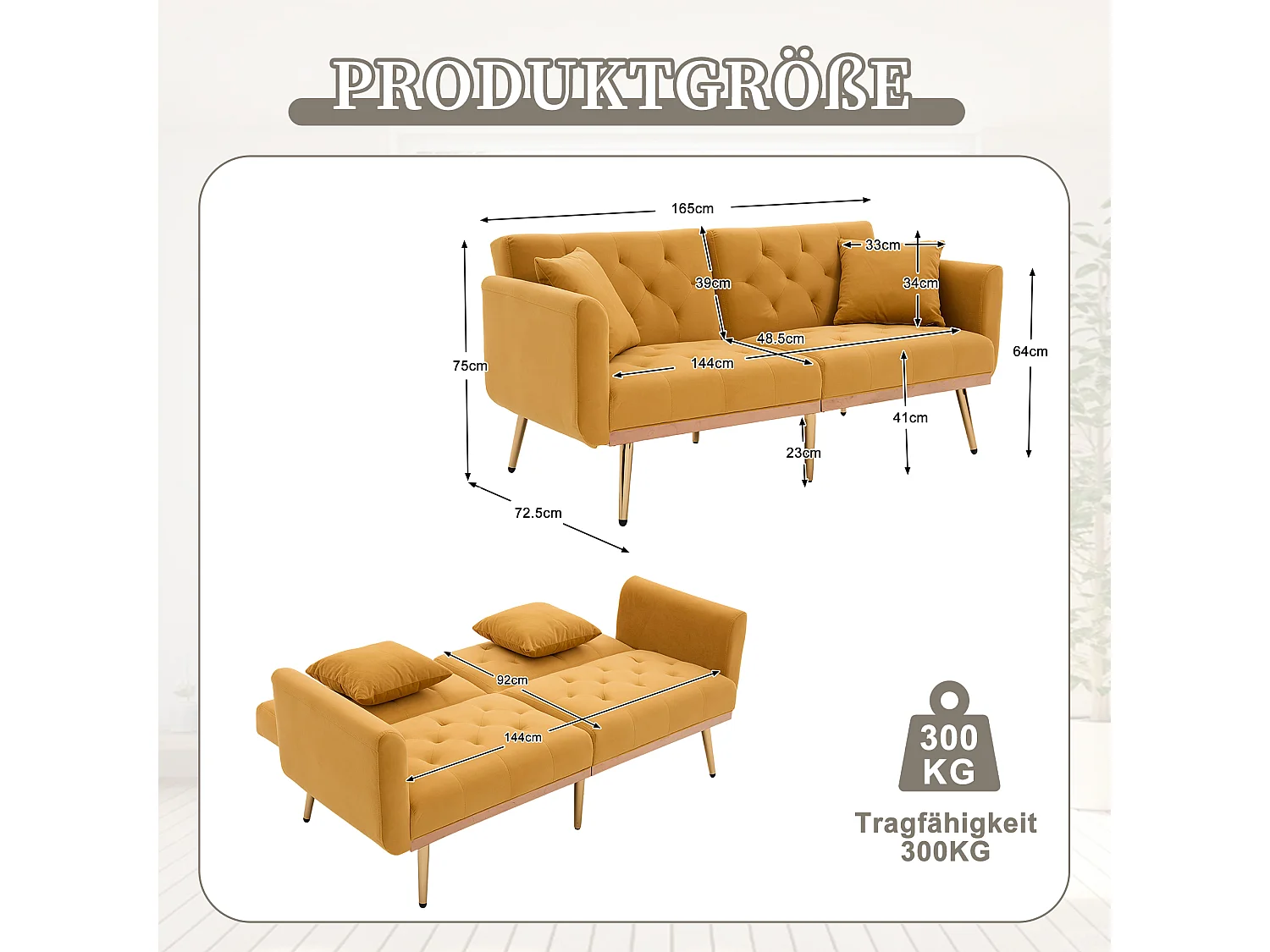 Canapé 2 places convertible avec coussins + dossier réglable - 165 x 72.5 x 75 cm - velours - Jaune