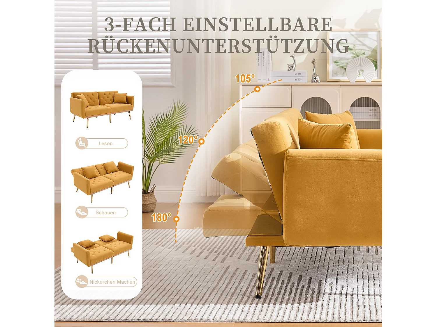 Canapé 2 places convertible avec coussins + dossier réglable - 165 x 72.5 x 75 cm - velours - Jaune