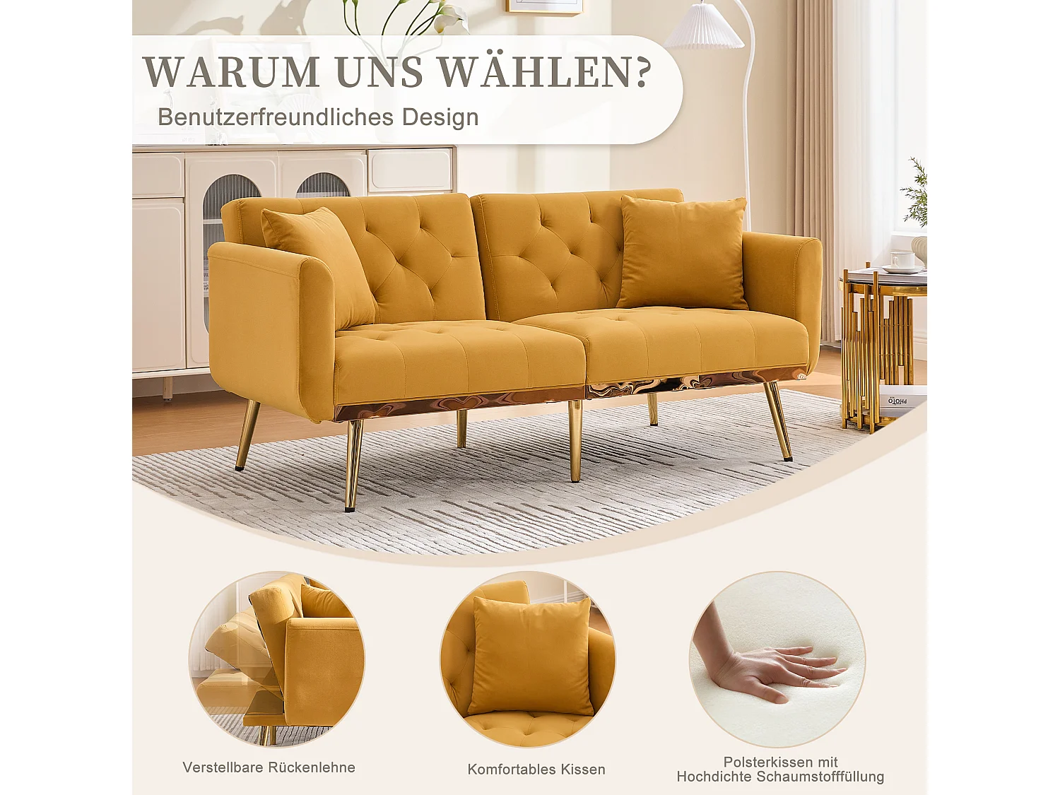 Canapé 2 places convertible avec coussins + dossier réglable - 165 x 72.5 x 75 cm - velours - Jaune