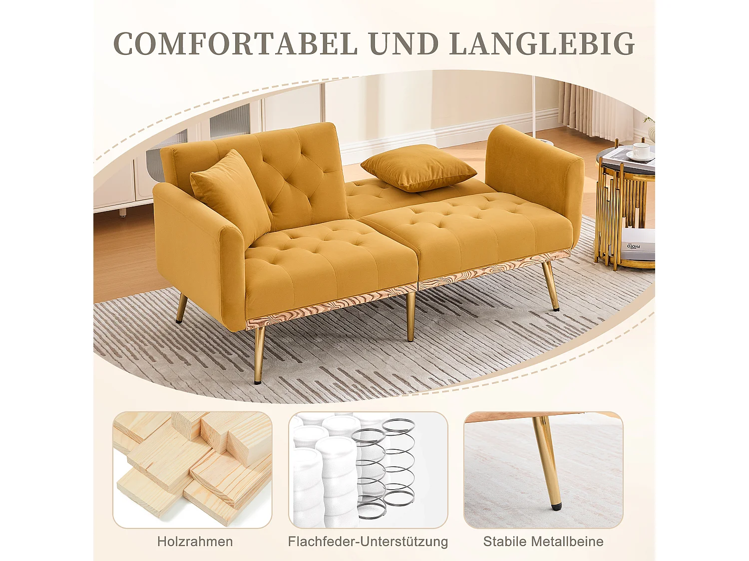 Canapé 2 places convertible avec coussins + dossier réglable - 165 x 72.5 x 75 cm - velours - Jaune