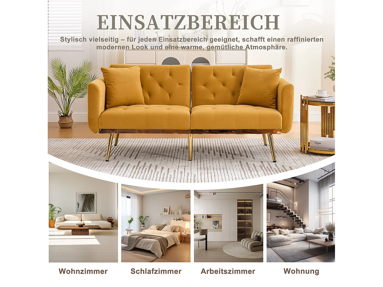 Canapé 2 places convertible avec coussins + dossier réglable - 165 x 72.5 x 75 cm - velours - Jaune