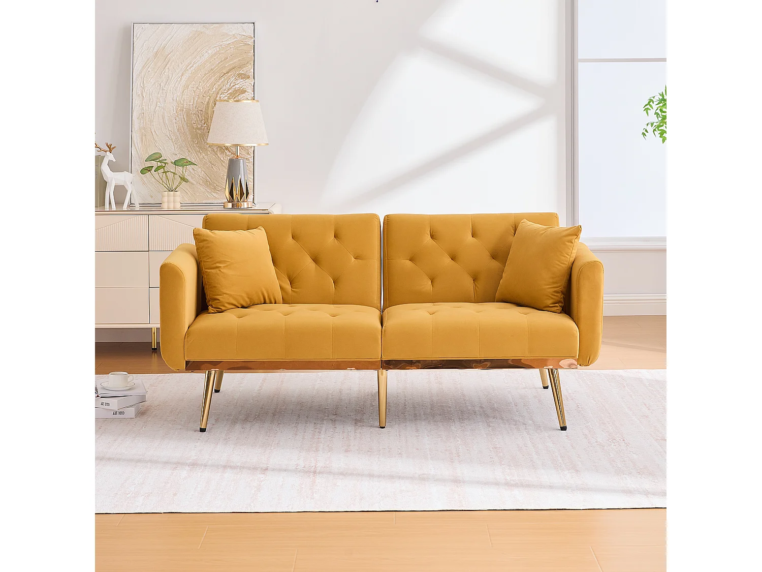 Canapé 2 places convertible avec coussins + dossier réglable - 165 x 72.5 x 75 cm - velours - Jaune