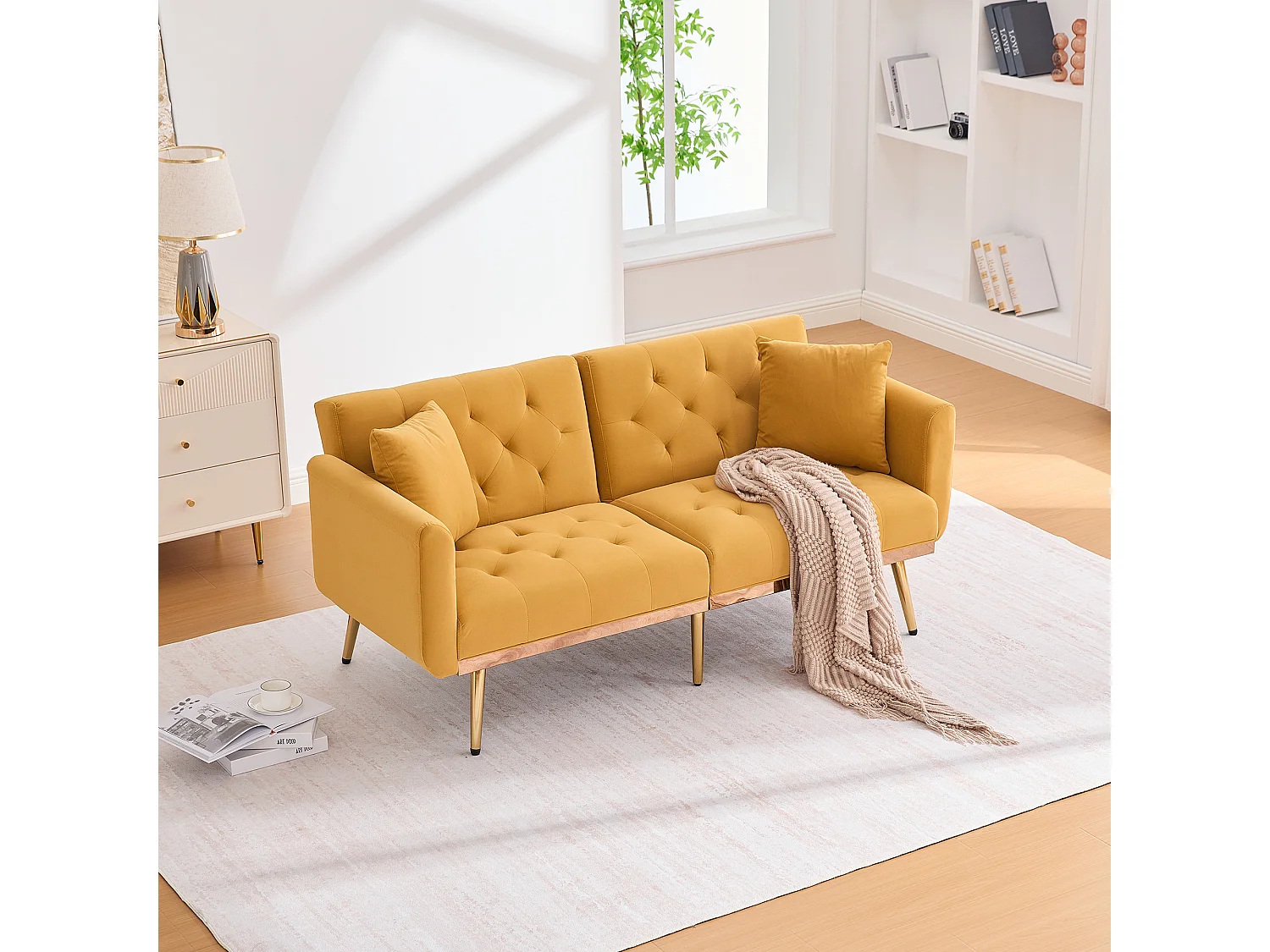 Canapé 2 places convertible avec coussins + dossier réglable - 165 x 72.5 x 75 cm - velours - Jaune