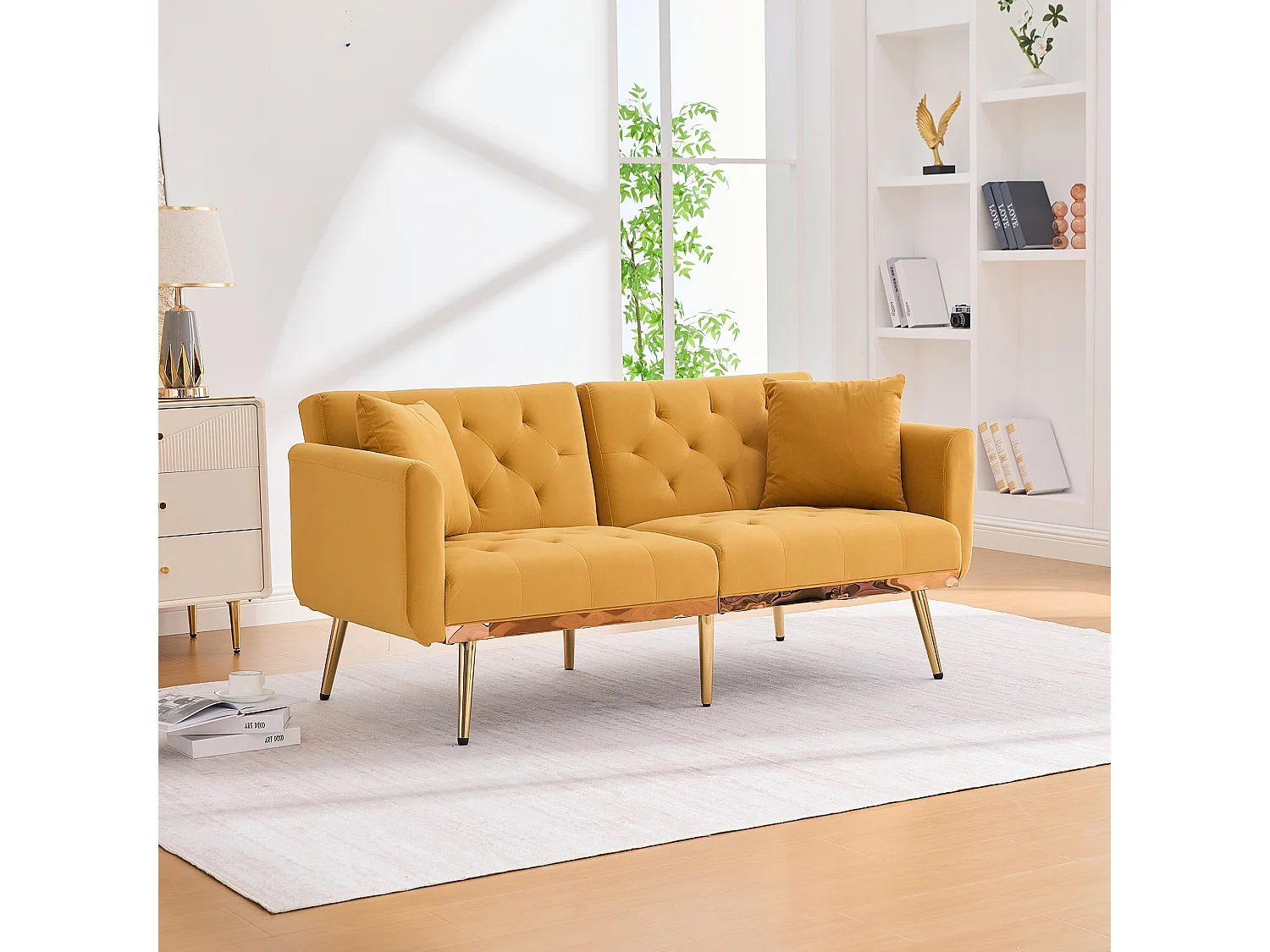 Canapé 2 places convertible avec coussins + dossier réglable - 165 x 72.5 x 75 cm - velours - Jaune