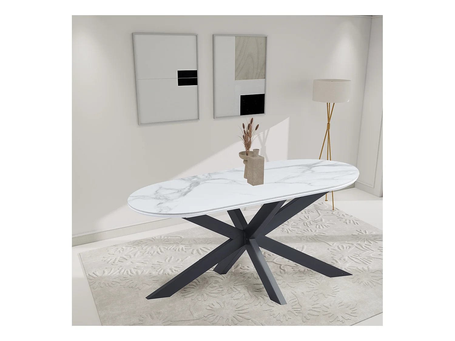Table à Manger MANON – 200x90 cm – Céramique Marbre Blanc & Pied Métal Noir