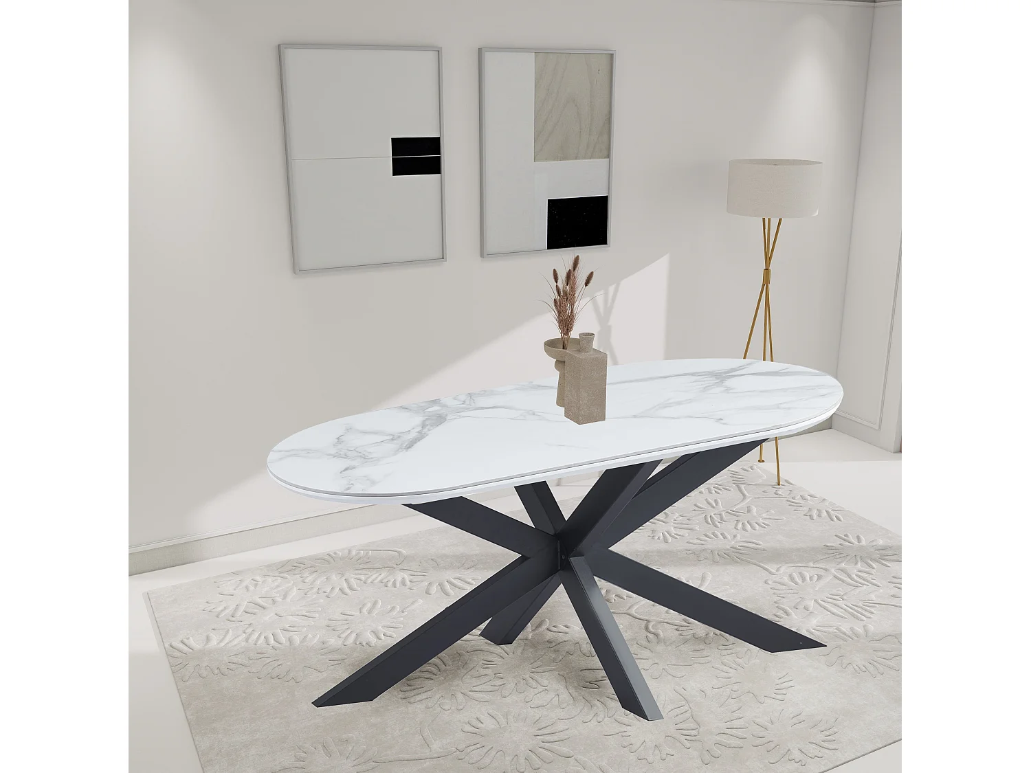 Table à Manger MANON – 200x90 cm – Céramique Marbre Blanc & Pied Métal Noir