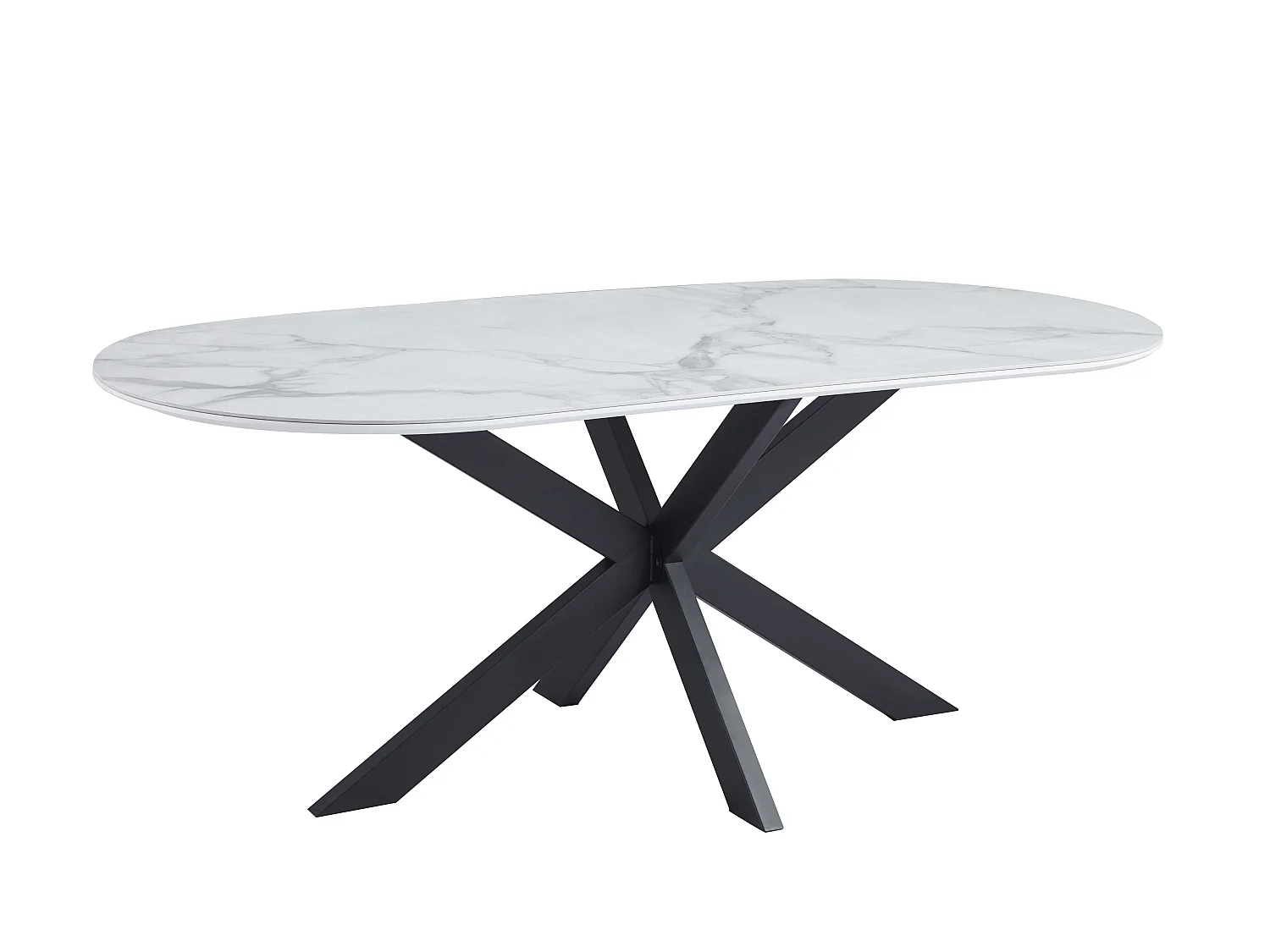 Table à Manger MANON – 200x90 cm – Céramique Marbre Blanc & Pied Métal Noir