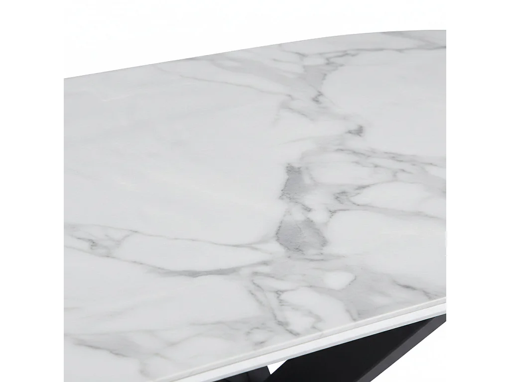 Table à Manger MANON – 200x90 cm – Céramique Marbre Blanc & Pied Métal Noir