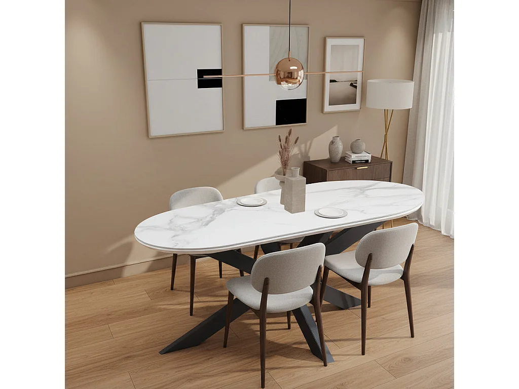 Table à Manger MANON – 200x90 cm – Céramique Marbre Blanc & Pied Métal Noir