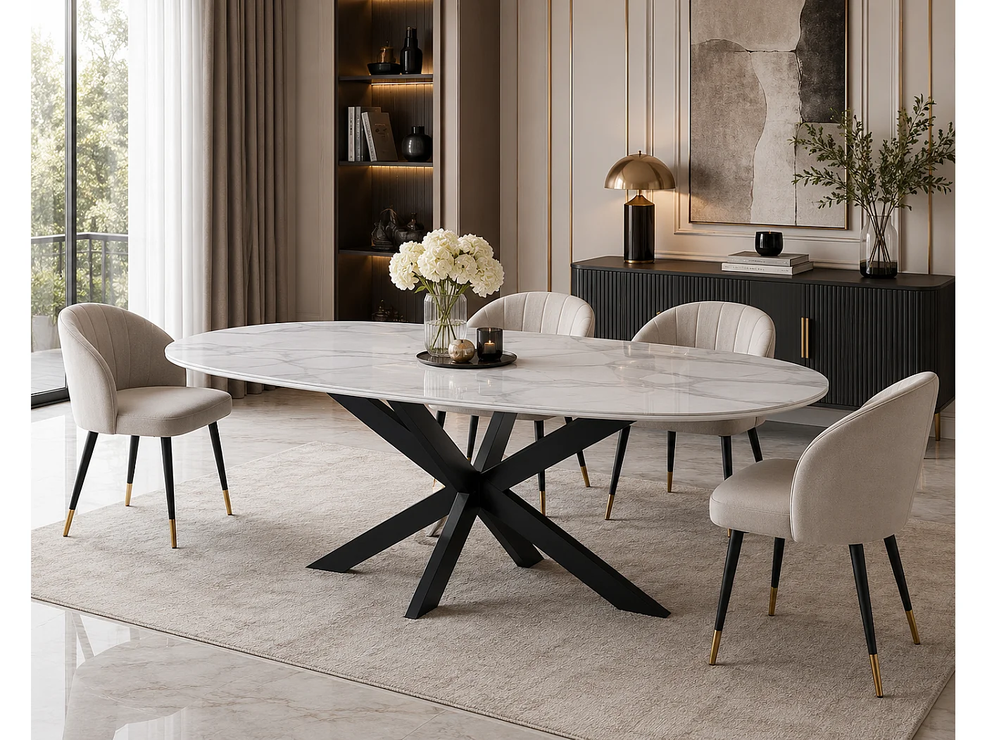 Table à Manger MANON – 200x90 cm – Céramique Marbre Blanc & Pied Métal Noir