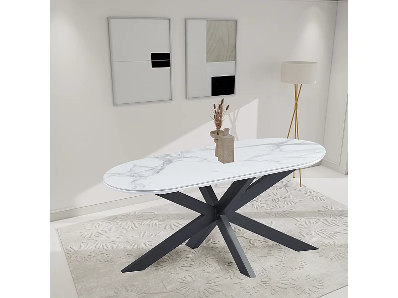 Table à Manger MANON – 200x90 cm – Céramique Marbre Blanc & Pied Métal Noir